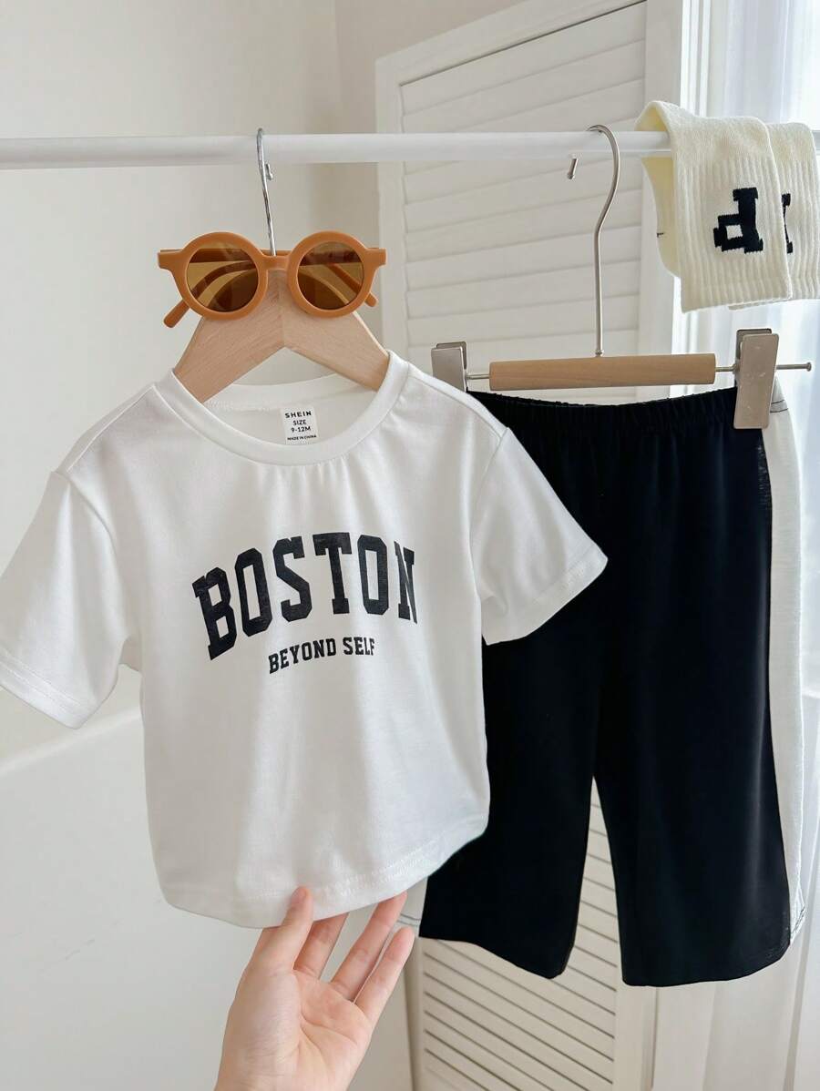Buy SHEIN Baby Boy/Girl Casual Street Style Letter Print Short Sleeve Top Elastic Waist Color Block Pants Set in Pakistan