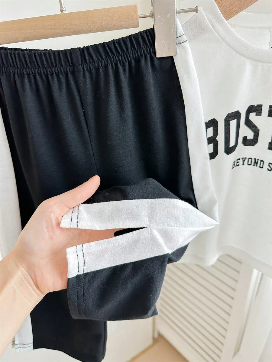 Buy SHEIN Baby Boy/Girl Casual Street Style Letter Print Short Sleeve Top Elastic Waist Color Block Pants Set in Pakistan