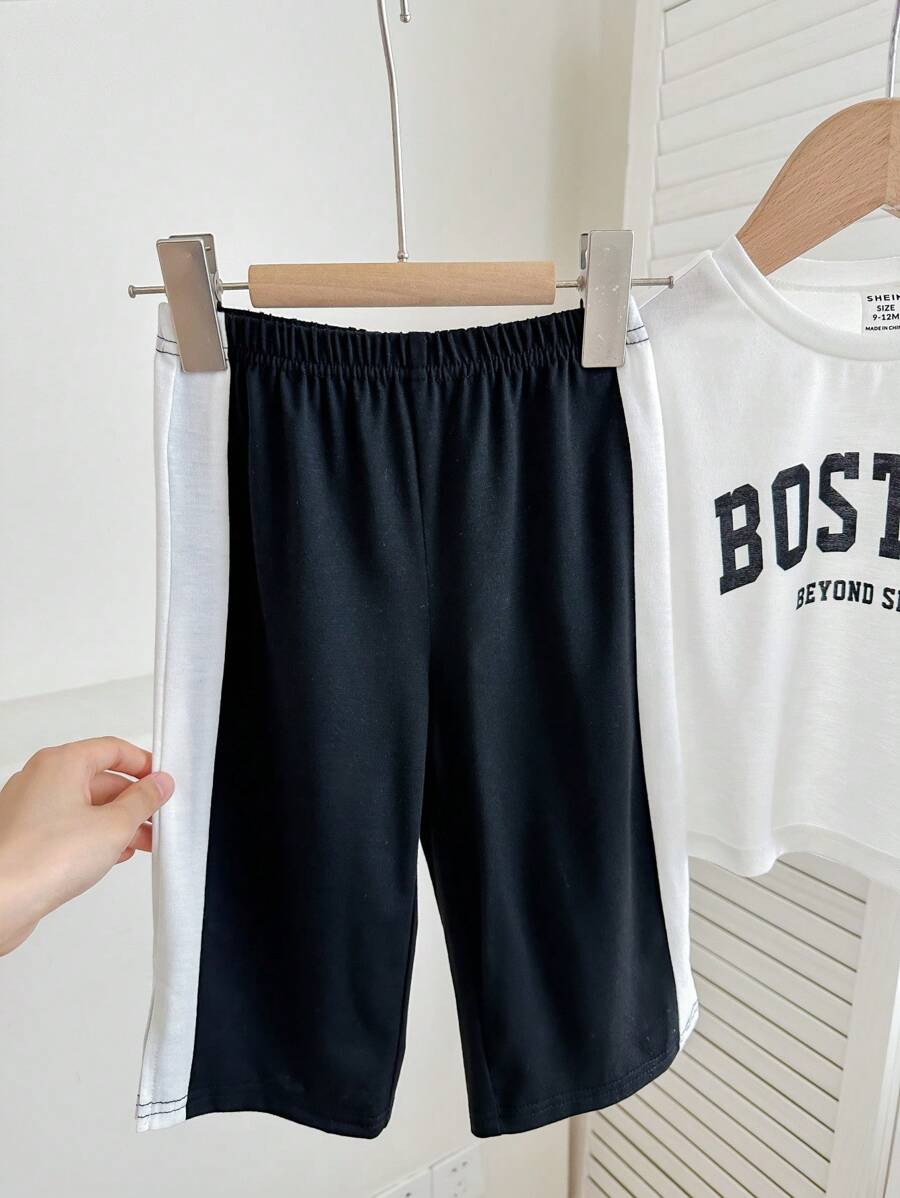 Buy SHEIN Baby Boy/Girl Casual Street Style Letter Print Short Sleeve Top Elastic Waist Color Block Pants Set in Pakistan