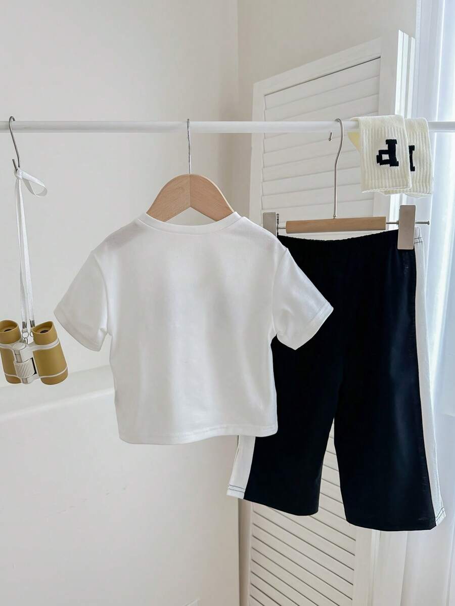 Buy SHEIN Baby Boy/Girl Casual Street Style Letter Print Short Sleeve Top Elastic Waist Color Block Pants Set in Pakistan