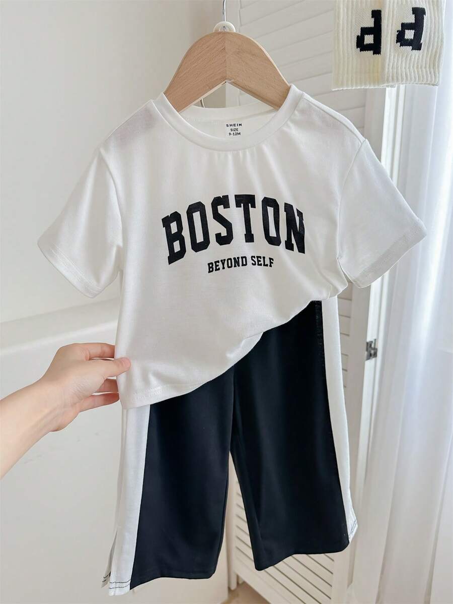 Buy SHEIN Baby Boy/Girl Casual Street Style Letter Print Short Sleeve Top Elastic Waist Color Block Pants Set in Pakistan