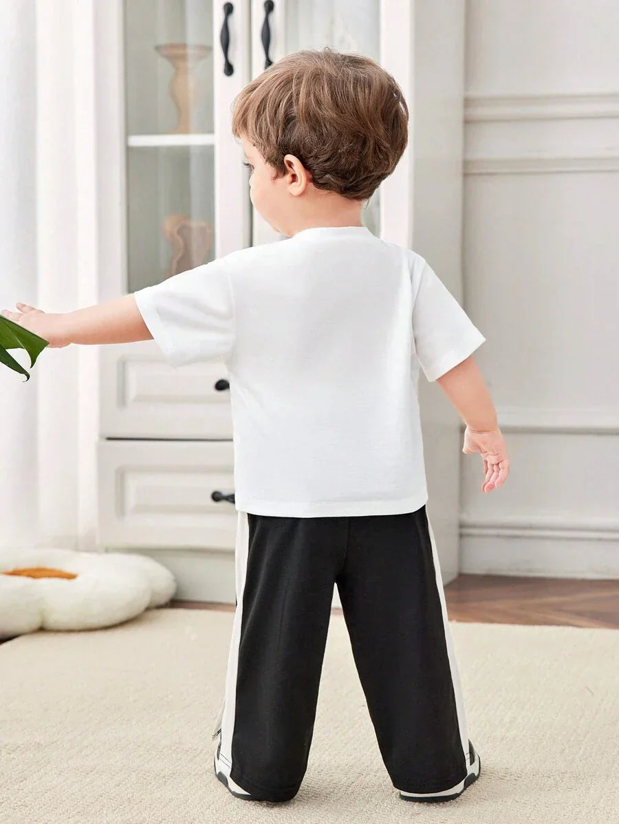 Buy SHEIN Baby Boy/Girl Casual Street Style Letter Print Short Sleeve Top Elastic Waist Color Block Pants Set in Pakistan