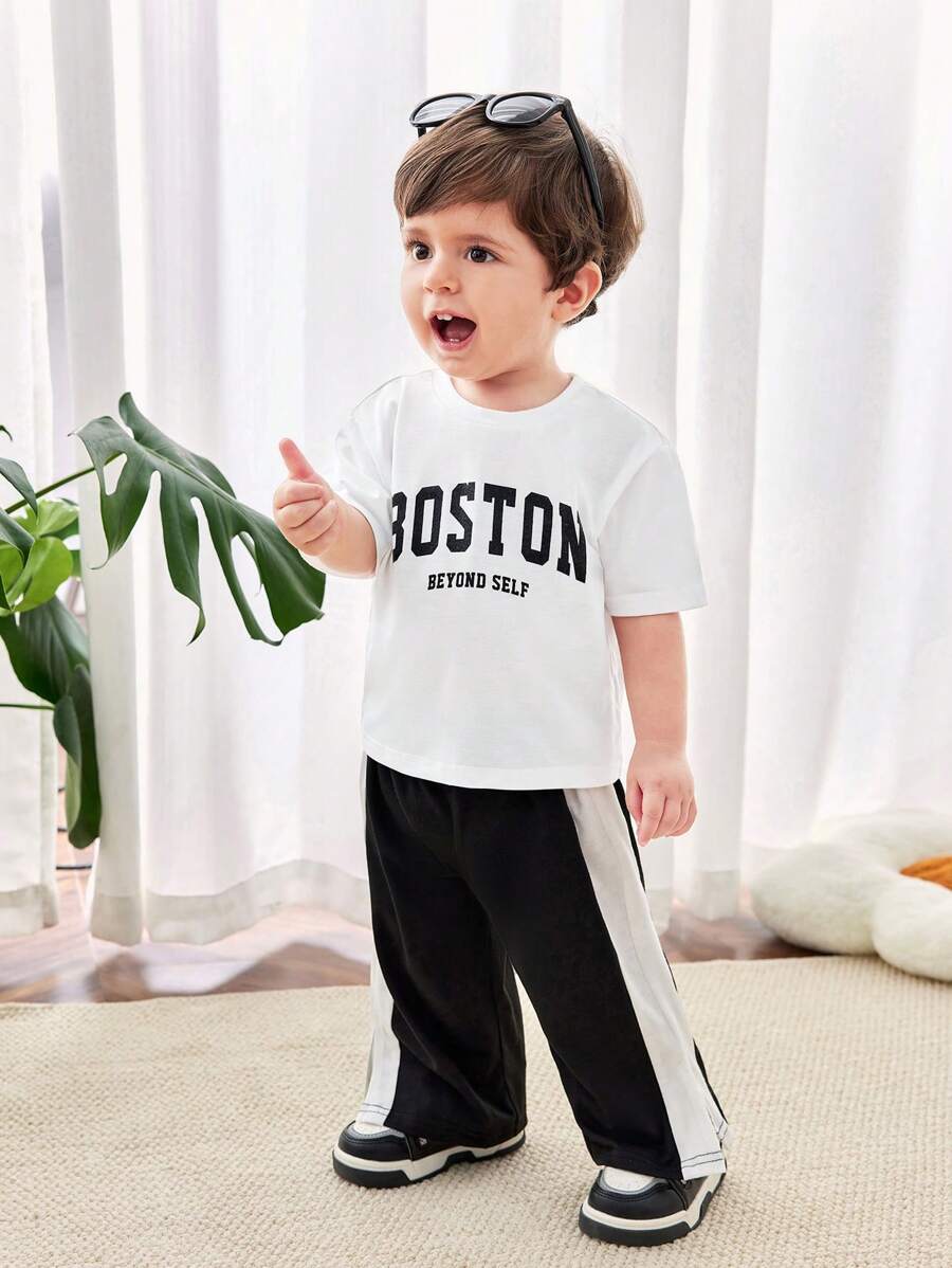 Buy SHEIN Baby Boy/Girl Casual Street Style Letter Print Short Sleeve Top Elastic Waist Color Block Pants Set in Pakistan