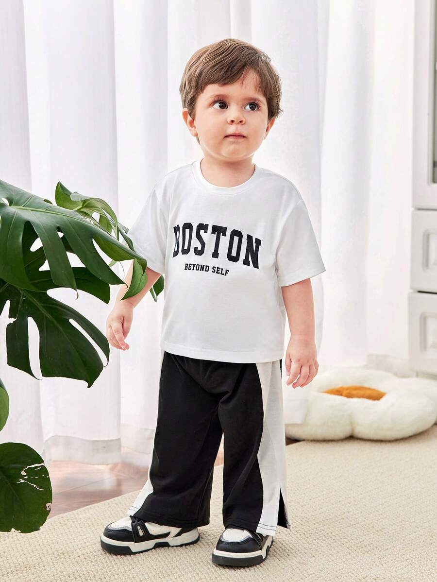 Buy SHEIN Baby Boy/Girl Casual Street Style Letter Print Short Sleeve Top Elastic Waist Color Block Pants Set in Pakistan