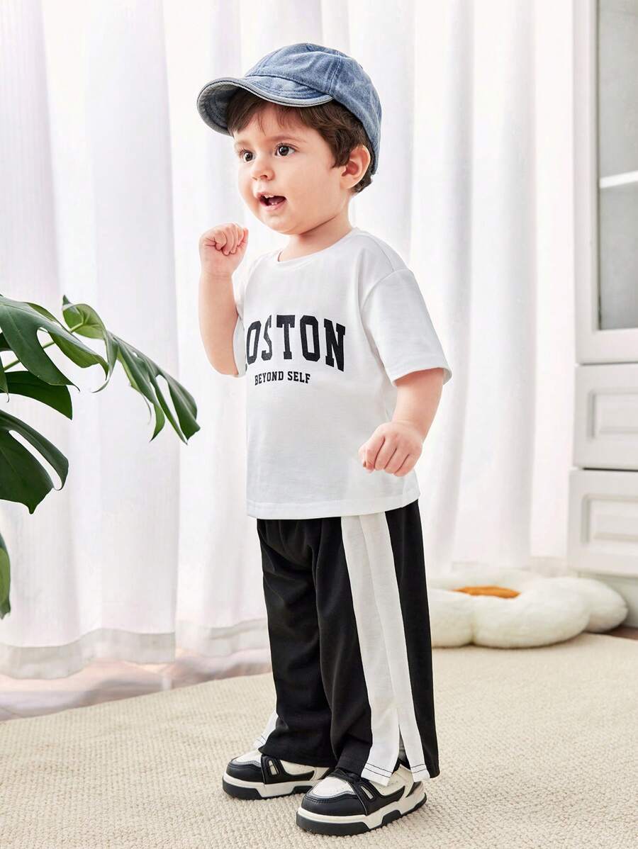 Buy SHEIN Baby Boy/Girl Casual Street Style Letter Print Short Sleeve Top Elastic Waist Color Block Pants Set in Pakistan