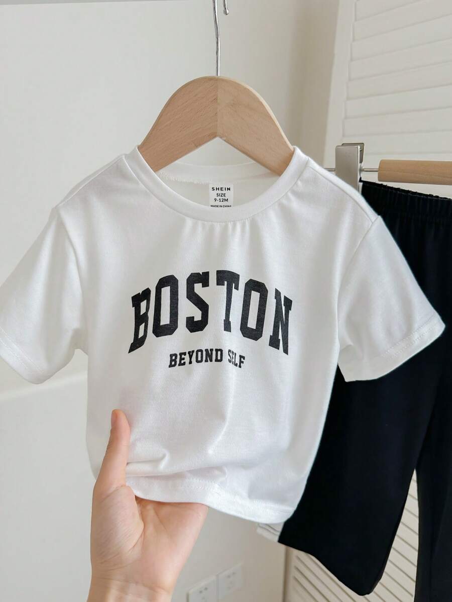 Buy SHEIN Baby Boy/Girl Casual Street Style Letter Print Short Sleeve Top Elastic Waist Color Block Pants Set in Pakistan