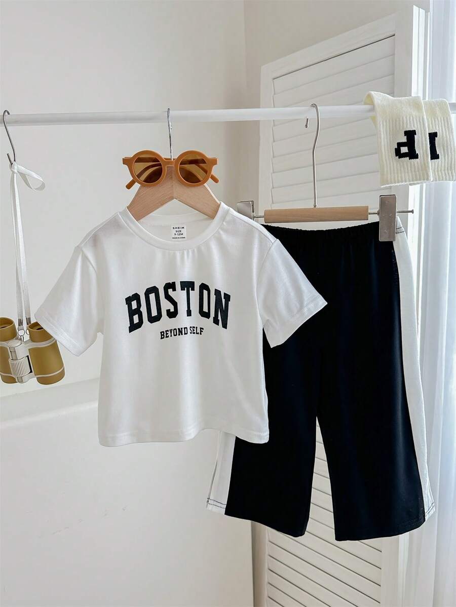 Buy SHEIN Baby Boy/Girl Casual Street Style Letter Print Short Sleeve Top Elastic Waist Color Block Pants Set in Pakistan