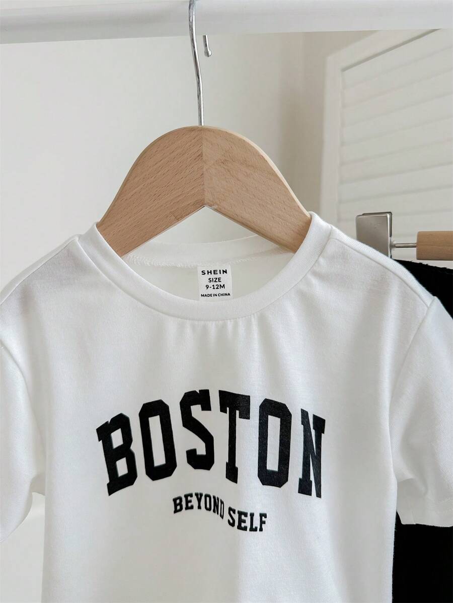 Buy SHEIN Baby Boy/Girl Casual Street Style Letter Print Short Sleeve Top Elastic Waist Color Block Pants Set in Pakistan