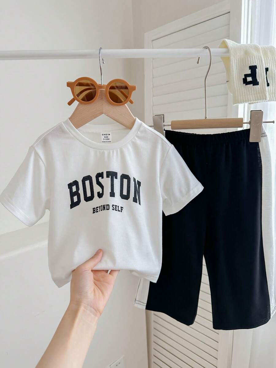 Buy SHEIN Baby Boy/Girl Casual Street Style Letter Print Short Sleeve Top Elastic Waist Color Block Pants Set in Pakistan