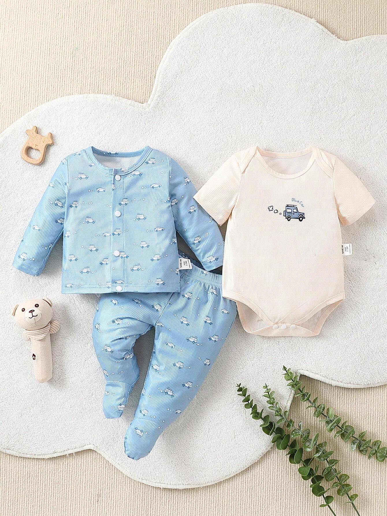 Buy SHEIN Baby Boys' Light Blue Car Printed Long Pants & Long Sleeve Bodysuit With Light Apricot Short Sleeve Bodysuit, 3pcs/Set Home Wear in Pakistan