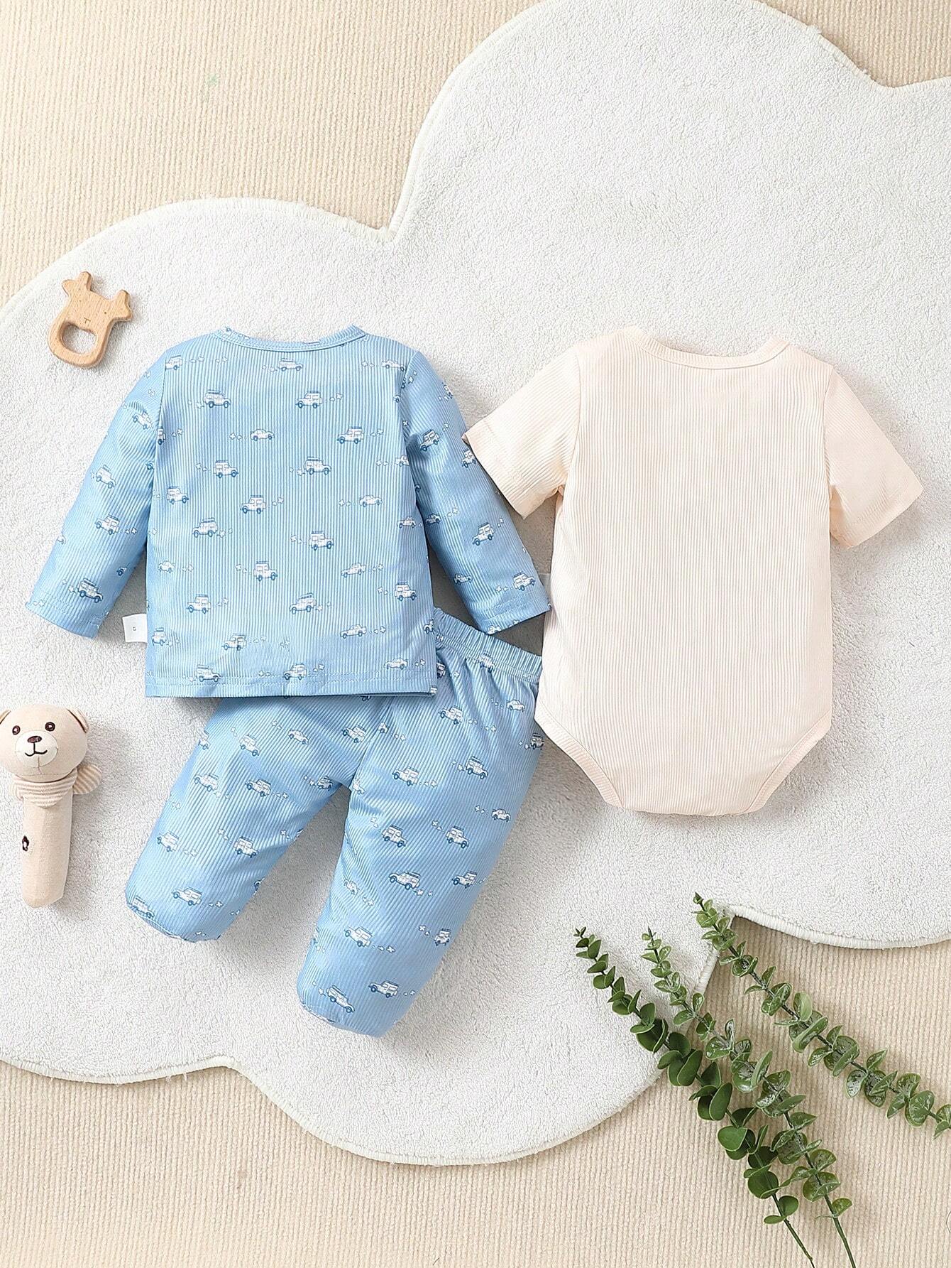 Buy SHEIN Baby Boys' Light Blue Car Printed Long Pants & Long Sleeve Bodysuit With Light Apricot Short Sleeve Bodysuit, 3pcs/Set Home Wear in Pakistan