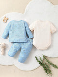Buy SHEIN Baby Boys' Light Blue Car Printed Long Pants & Long Sleeve Bodysuit With Light Apricot Short Sleeve Bodysuit, 3pcs/Set Home Wear in Pakistan