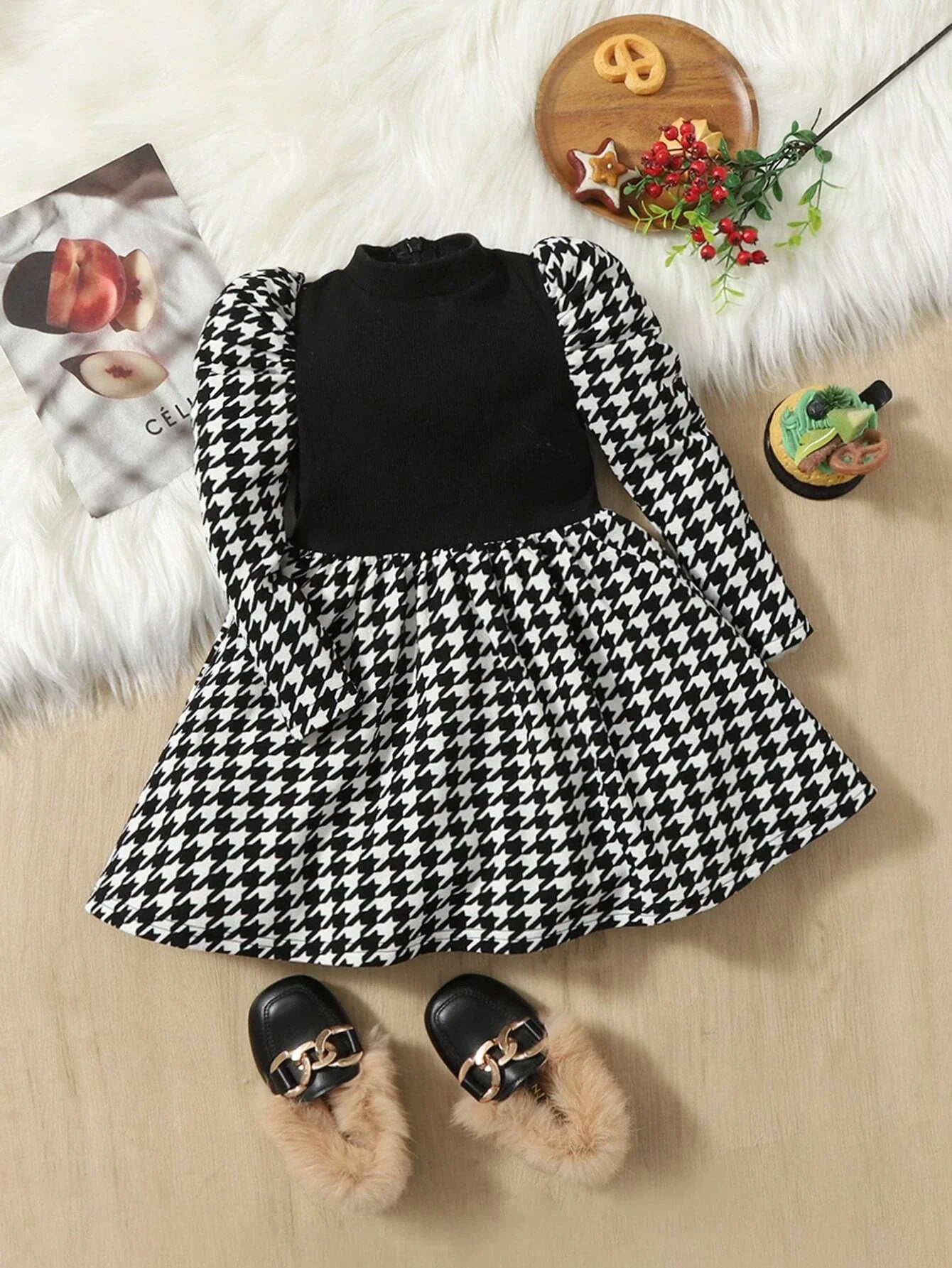 Buy SHEIN Baby Girl Houndstooth Puff Sleeve Dress in Pakistan