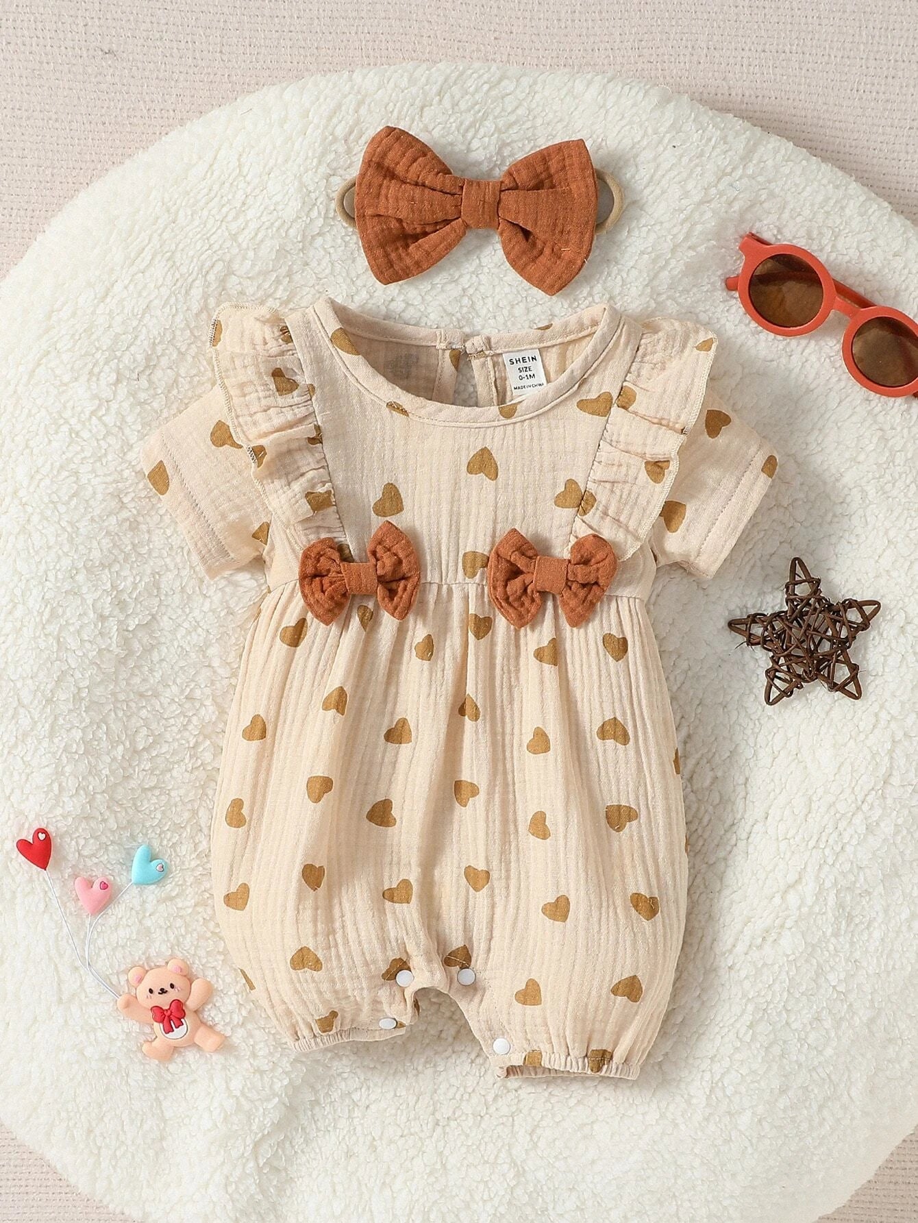 Buy SHEIN Baby Girl Newborn Heart Print Ruffle Trim Bow Front Romper & Accessory Headband in Pakistan