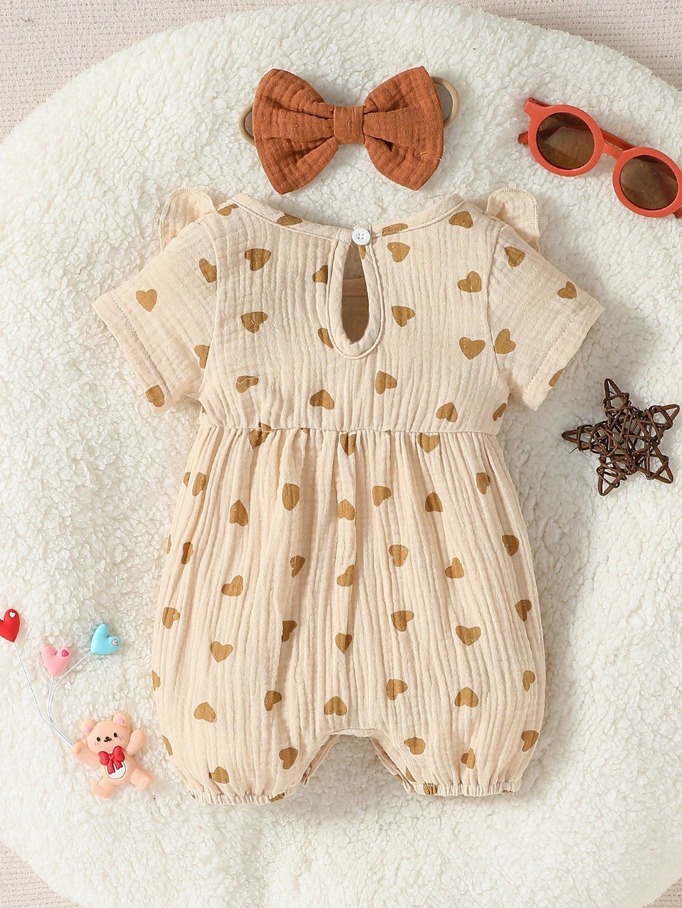 Buy SHEIN Baby Girl Newborn Heart Print Ruffle Trim Bow Front Romper & Accessory Headband in Pakistan