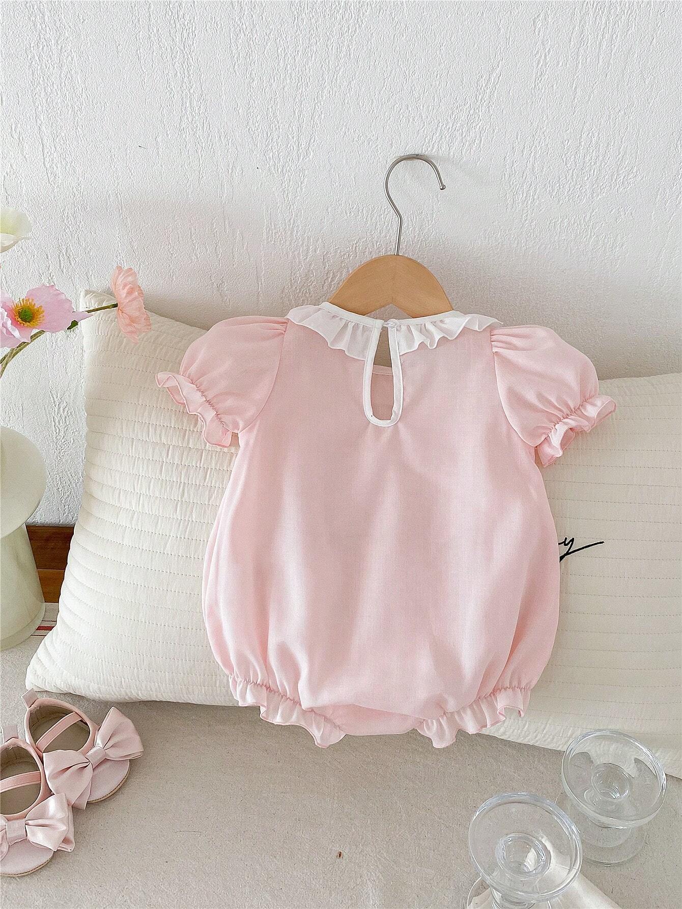 Buy SHEIN Baby Girl Pink Butterfly Bubble Sleeves Floral Lace Short Sleeve Romper in Pakistan