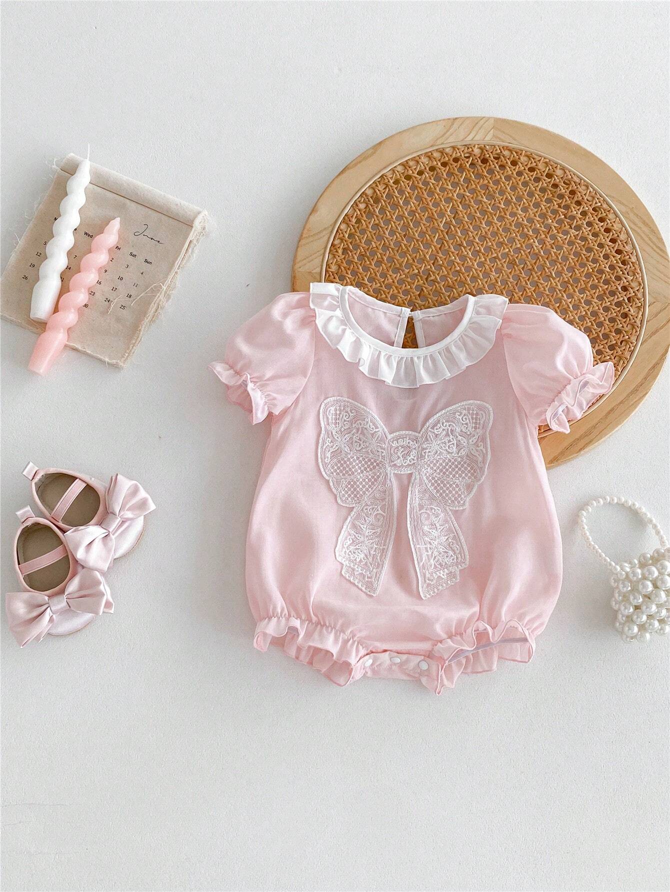 Buy SHEIN Baby Girl Pink Butterfly Bubble Sleeves Floral Lace Short Sleeve Romper in Pakistan