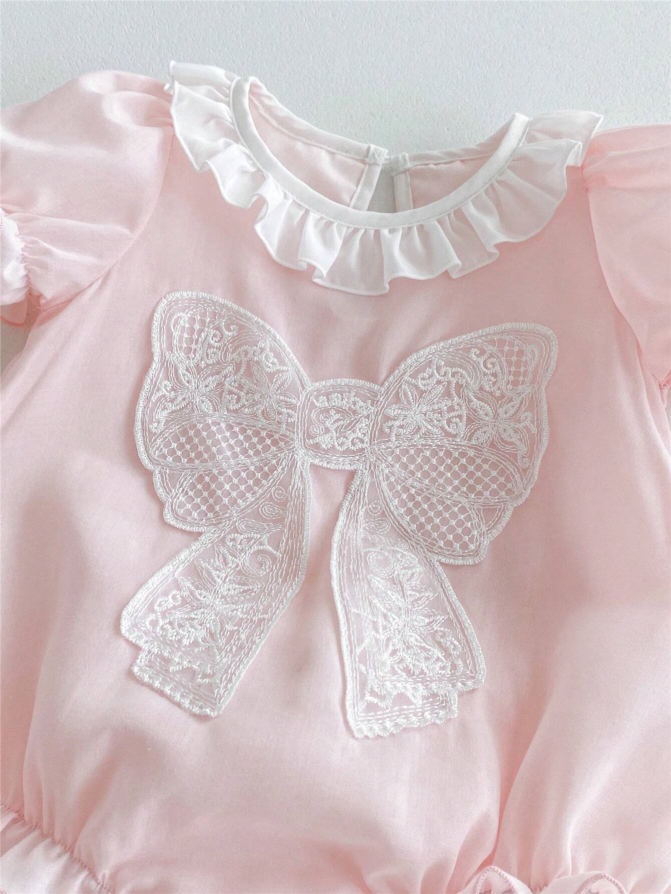 Buy SHEIN Baby Girl Pink Butterfly Bubble Sleeves Floral Lace Short Sleeve Romper in Pakistan