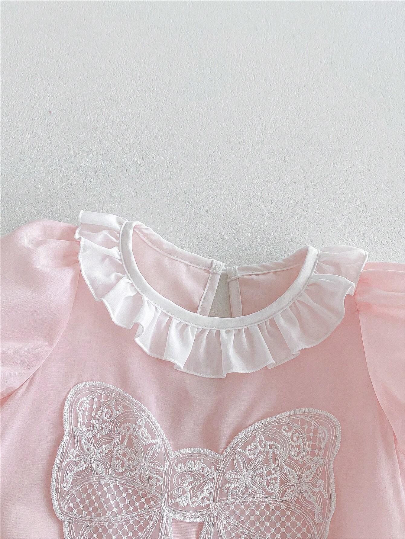 Buy SHEIN Baby Girl Pink Butterfly Bubble Sleeves Floral Lace Short Sleeve Romper in Pakistan