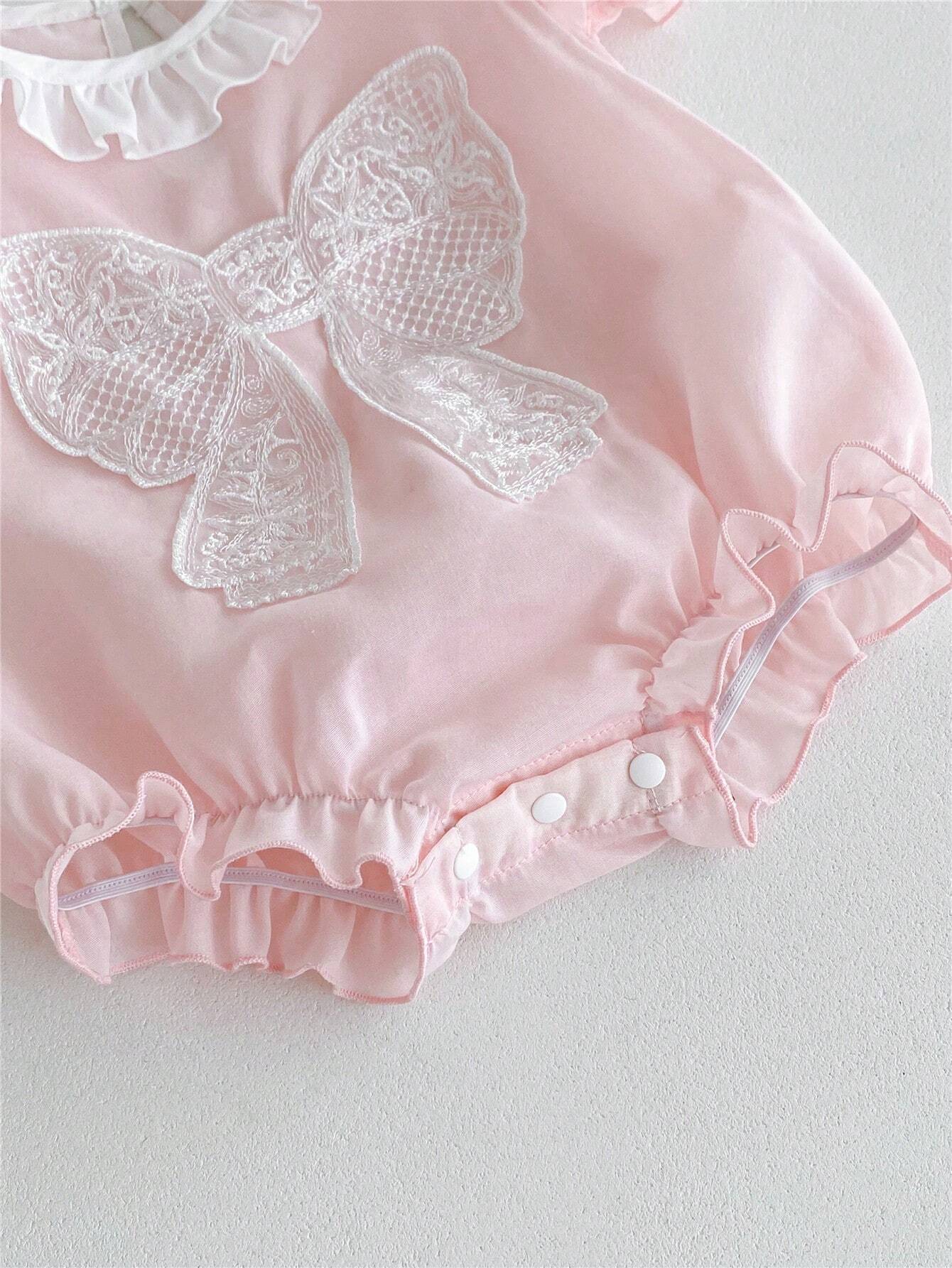 Buy SHEIN Baby Girl Pink Butterfly Bubble Sleeves Floral Lace Short Sleeve Romper in Pakistan