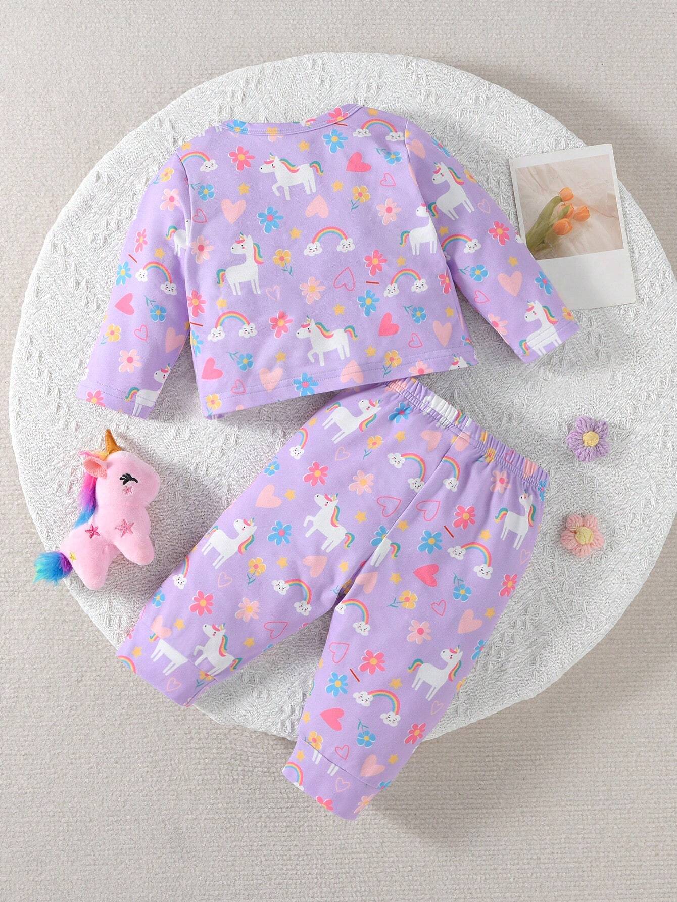 Buy SHEIN Baby Girl Purple Cute Printed Unicorn Rainbow Heart And Flower Pattern Long Sleeve Long Pants Casual Home Wear 2pcs/Set in Pakistan