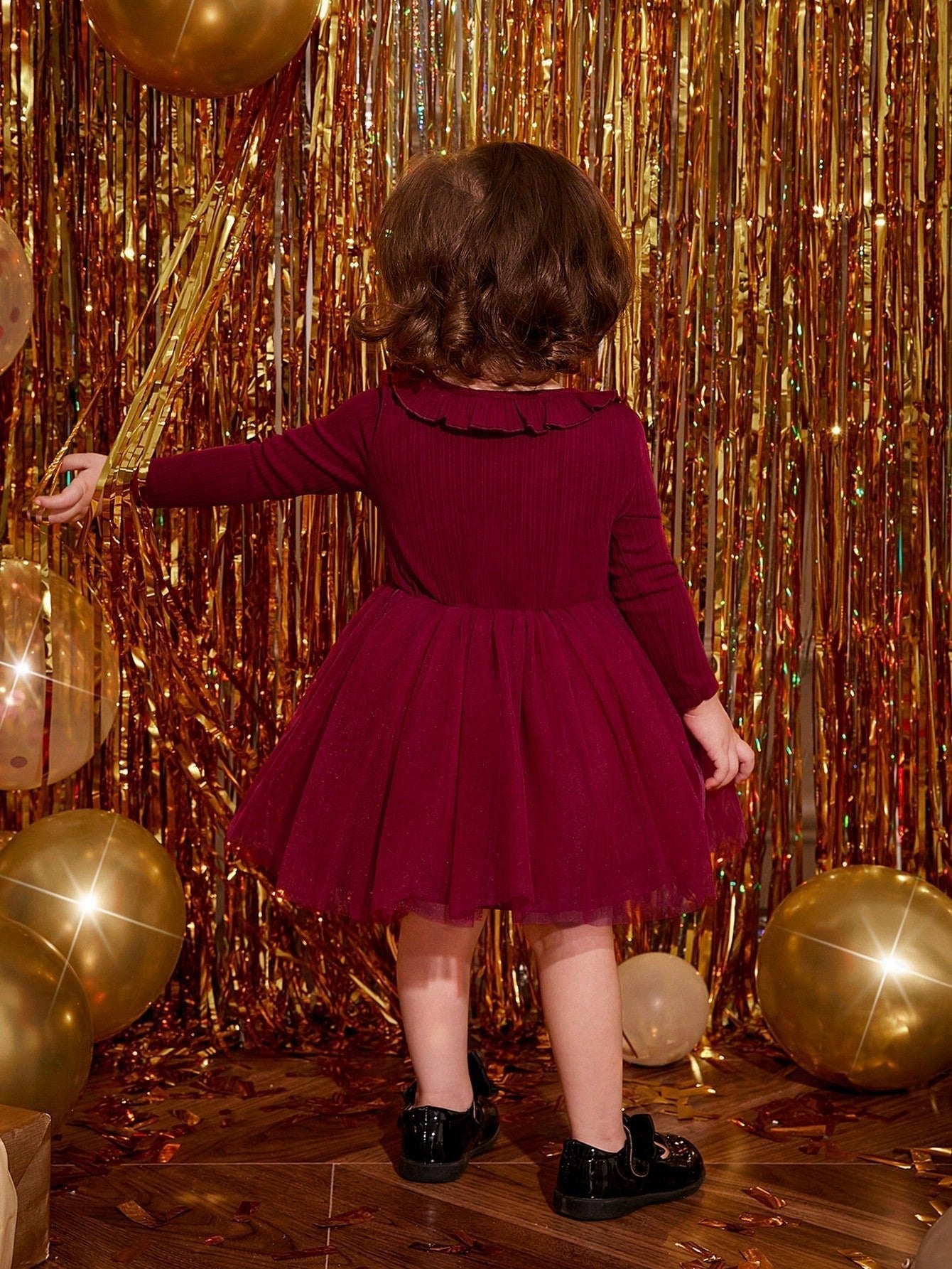 Buy SHEIN Baby Girl Romantic Knitted Mesh Patchwork Dress With Ruffle Hem, Long Sleeve in Pakistan