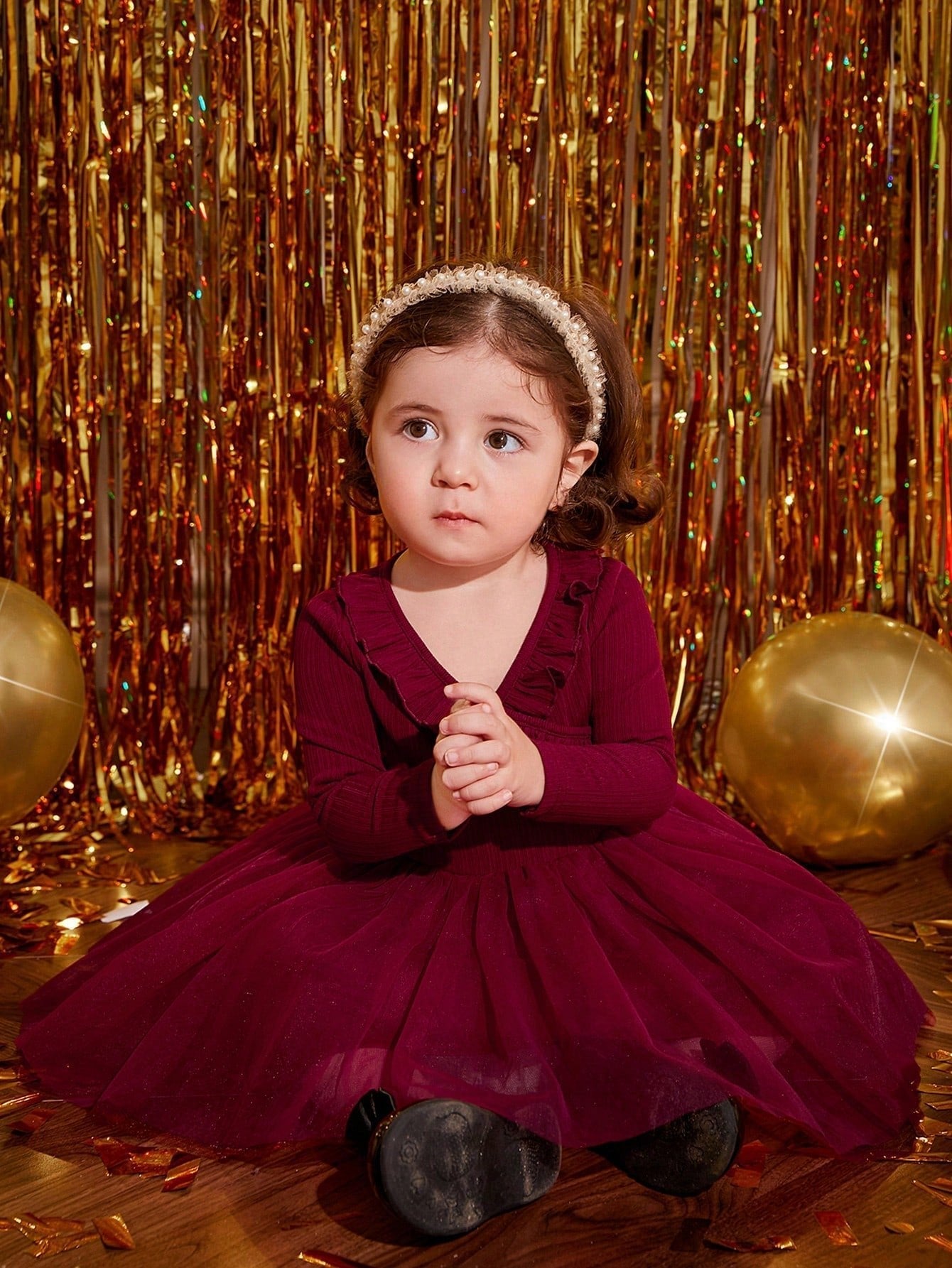 Buy SHEIN Baby Girl Romantic Knitted Mesh Patchwork Dress With Ruffle Hem, Long Sleeve in Pakistan