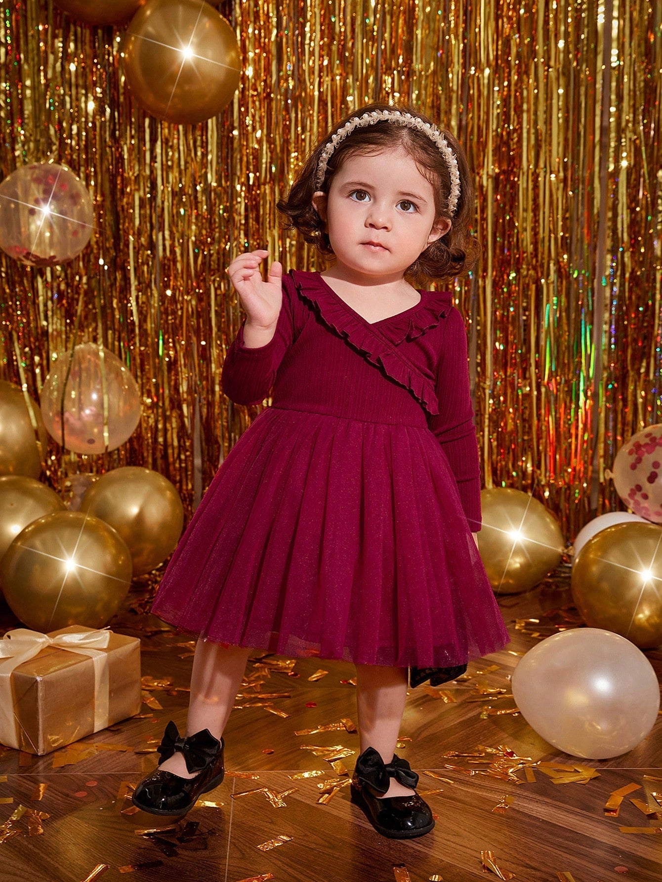 Buy SHEIN Baby Girl Romantic Knitted Mesh Patchwork Dress With Ruffle Hem, Long Sleeve in Pakistan