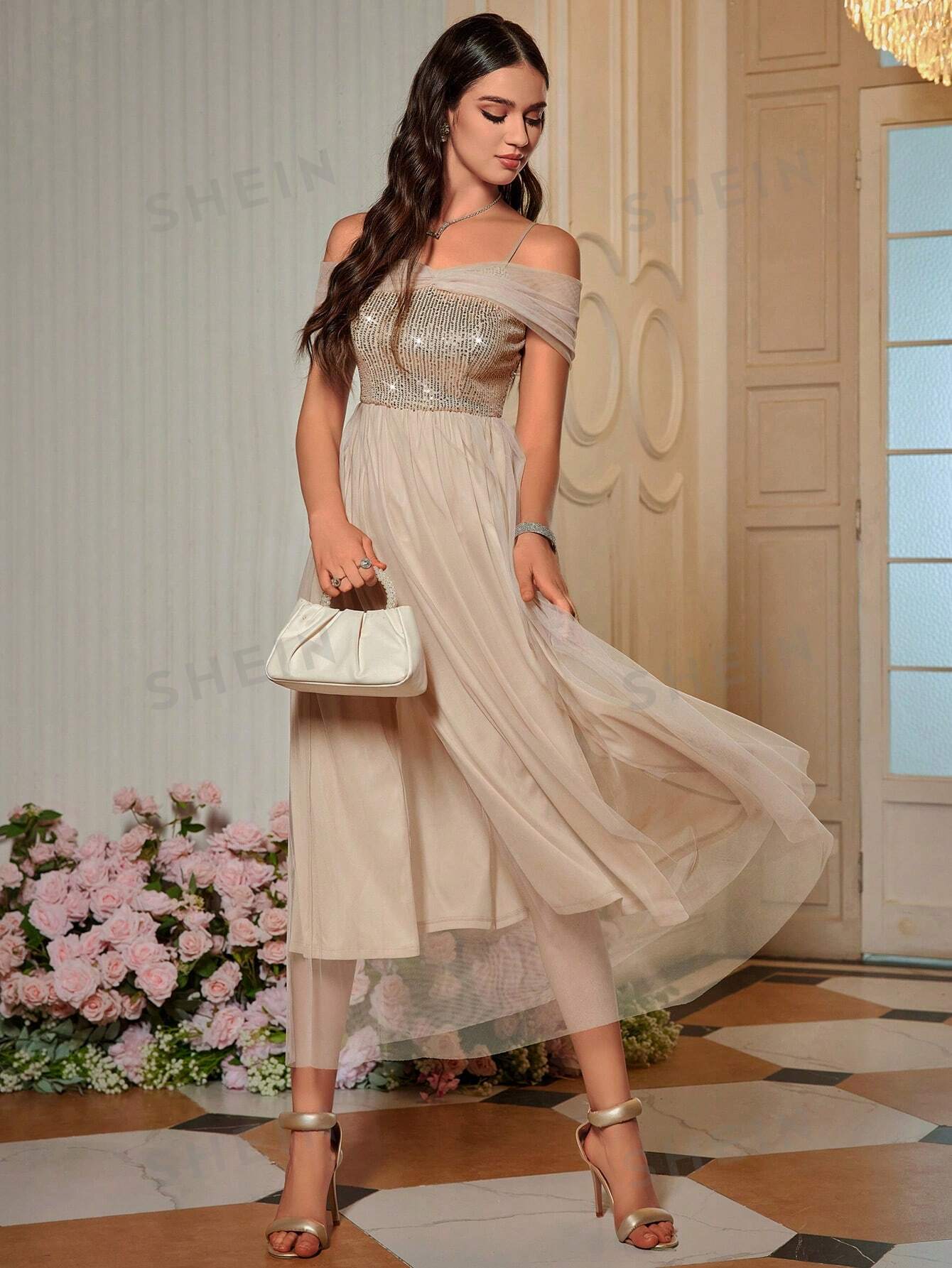 Buy SHEIN Belle Off Shoulder Contrast Sequin Mesh Bridesmaid Dress in Pakistan