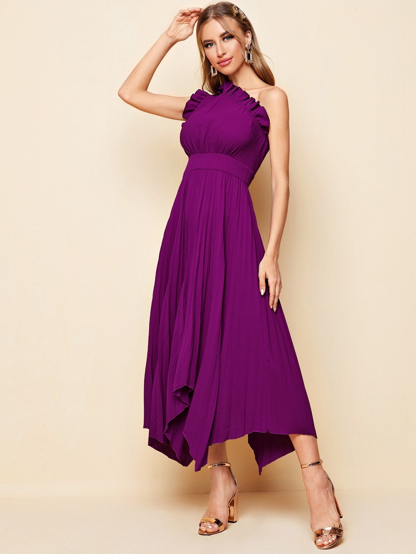 Buy SHEIN Belle One Shoulder Ruffle Detail Pleated Hanky Hem Bridesmaid Dress in Pakistan