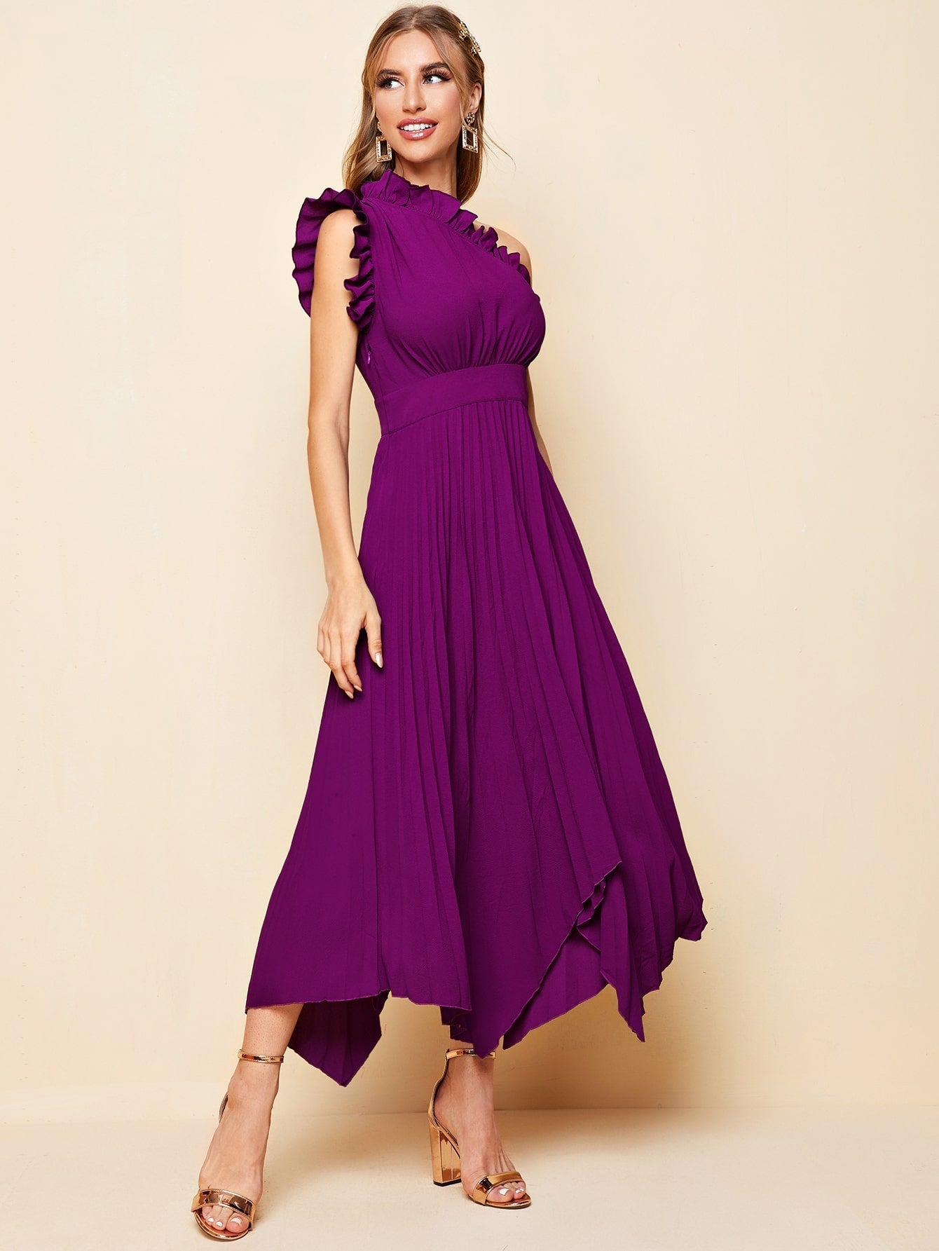 Buy SHEIN Belle One Shoulder Ruffle Detail Pleated Hanky Hem Bridesmaid Dress in Pakistan