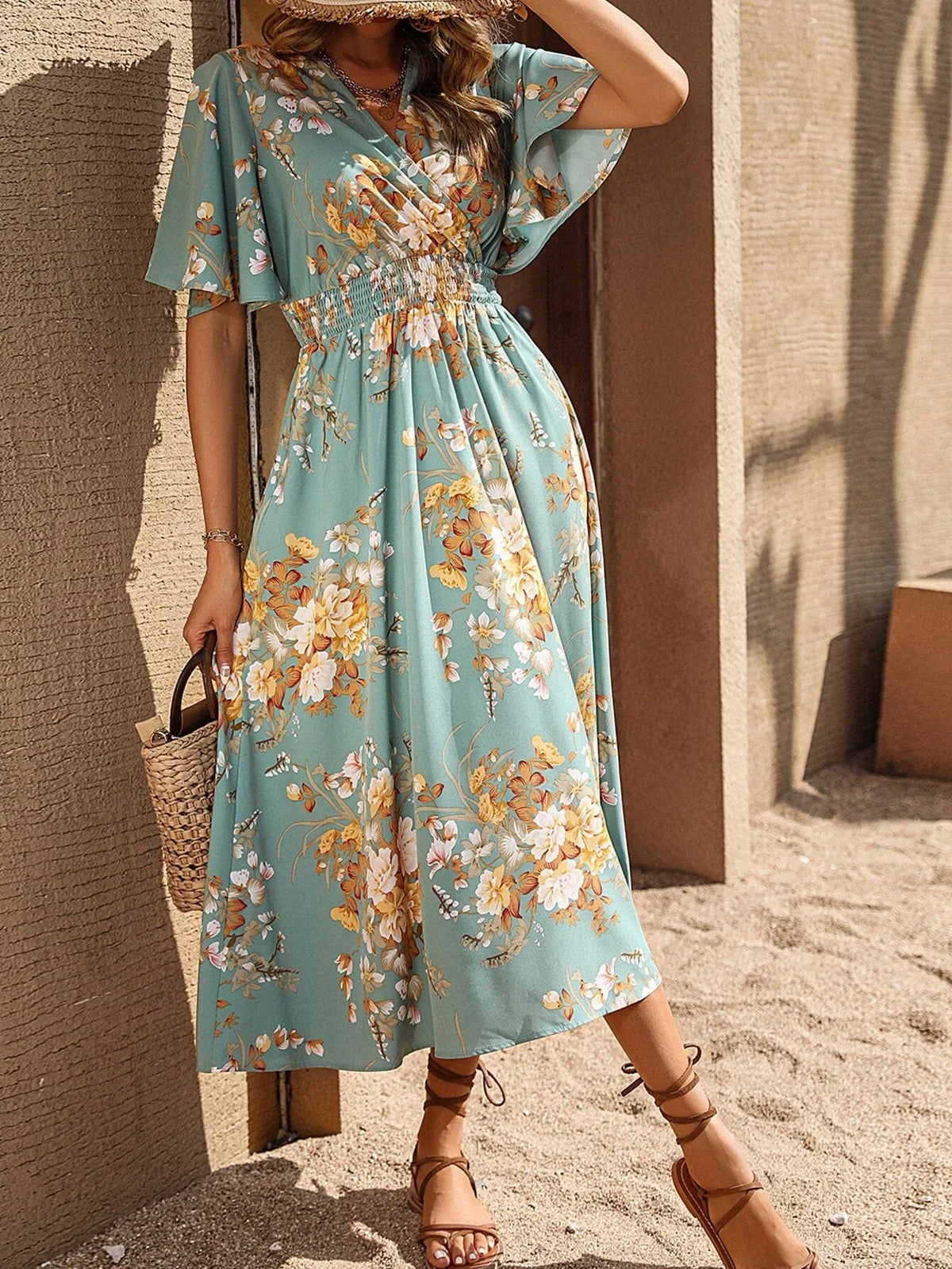 Buy SHEIN Clasi Floral Print Butterfly Sleeve A-line Dress in Pakistan