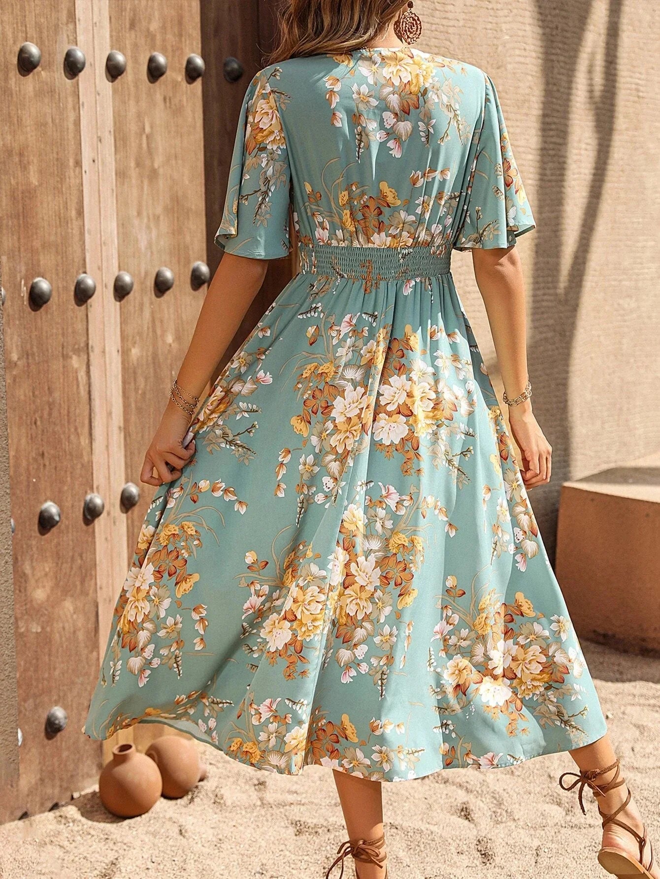 Buy SHEIN Clasi Floral Print Butterfly Sleeve A-line Dress in Pakistan