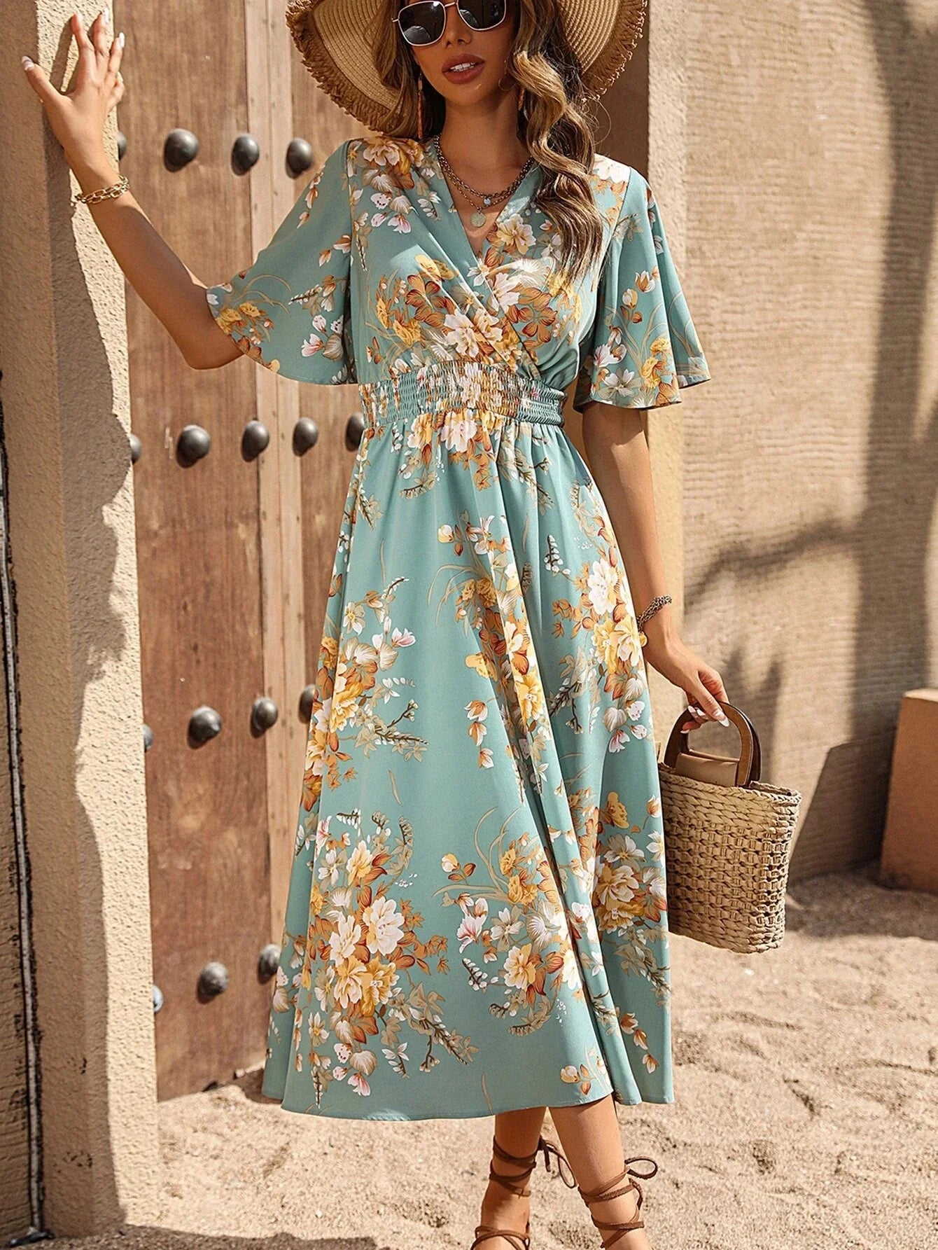 Buy SHEIN Clasi Floral Print Butterfly Sleeve A-line Dress in Pakistan