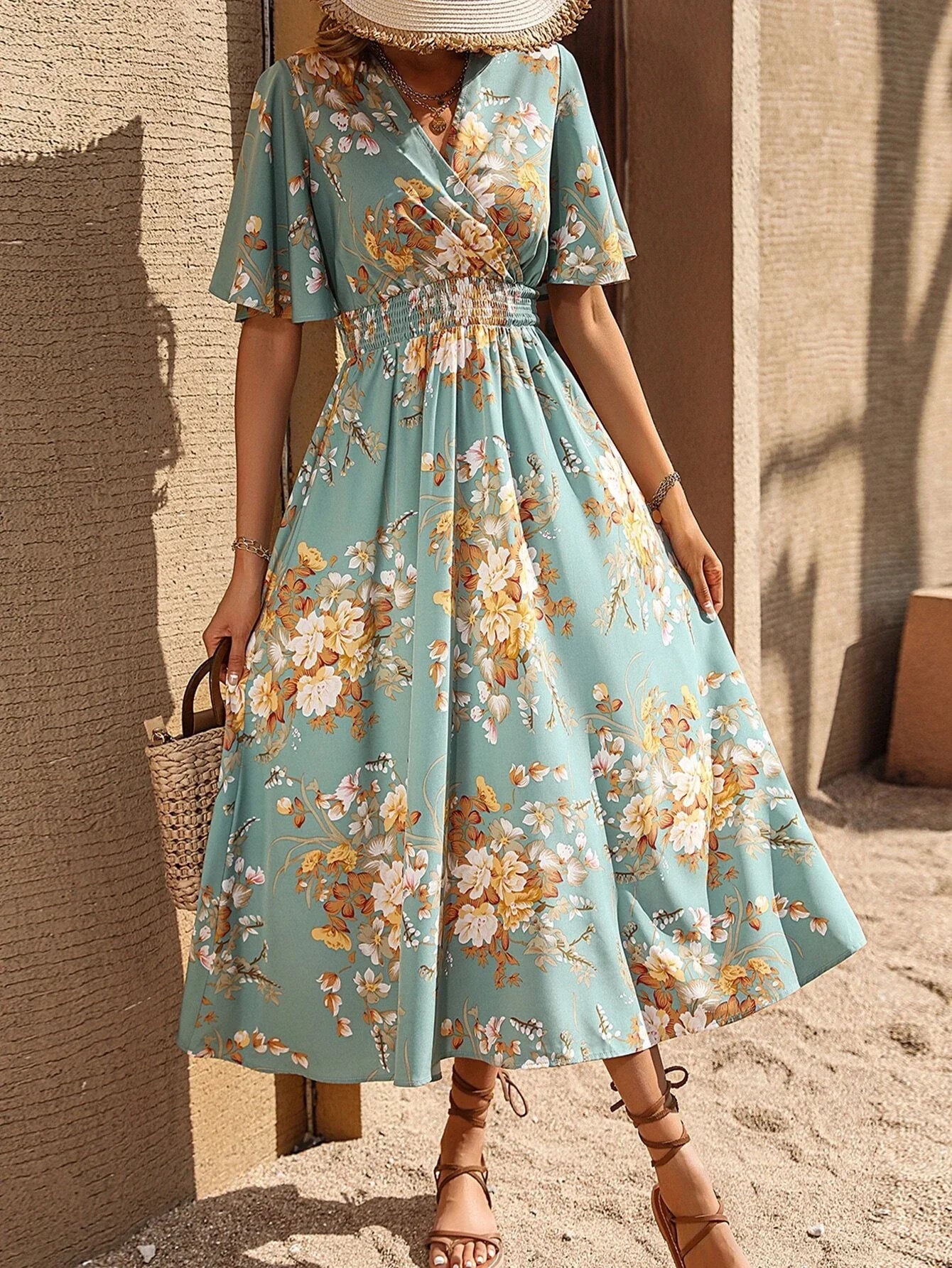 Buy SHEIN Clasi Floral Print Butterfly Sleeve A-line Dress in Pakistan