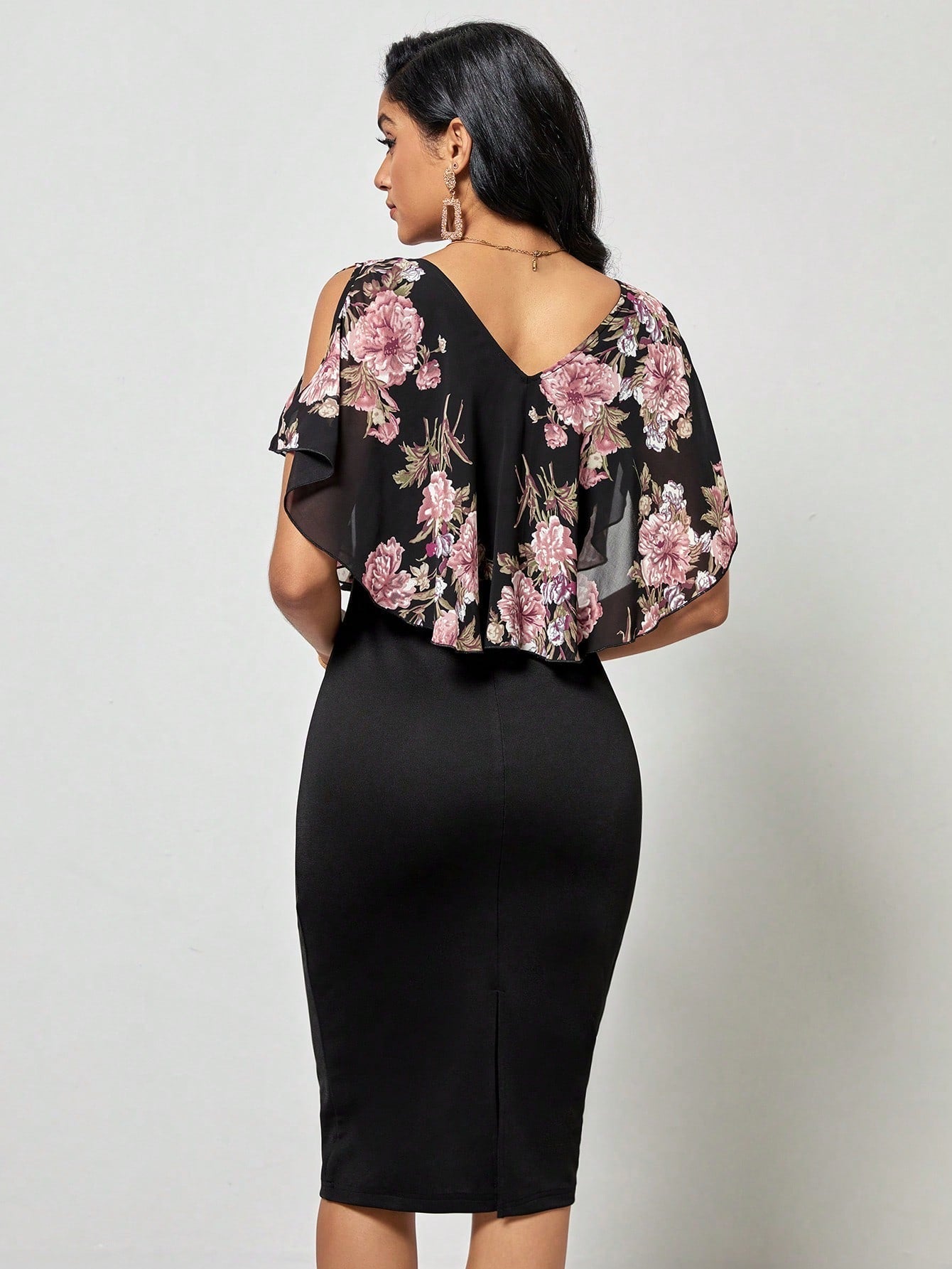 Buy SHEIN Clasi Floral Print Cold Shoulder Ruffle Trim Bodycon Dress in Pakistan