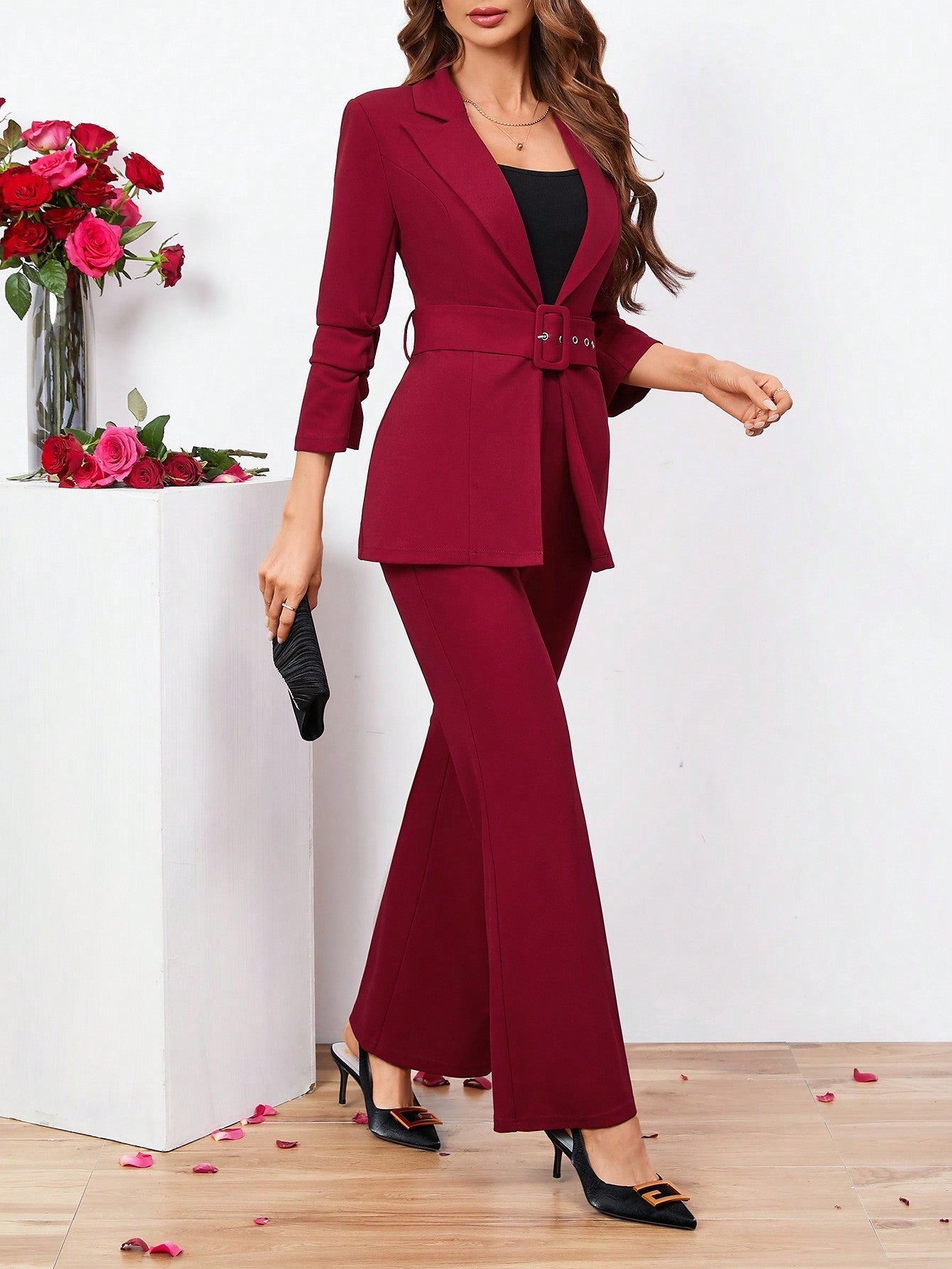 Buy SHEIN Clasi Ladies Belted Three-quarter Sleeve Suit With Pleats in Pakistan