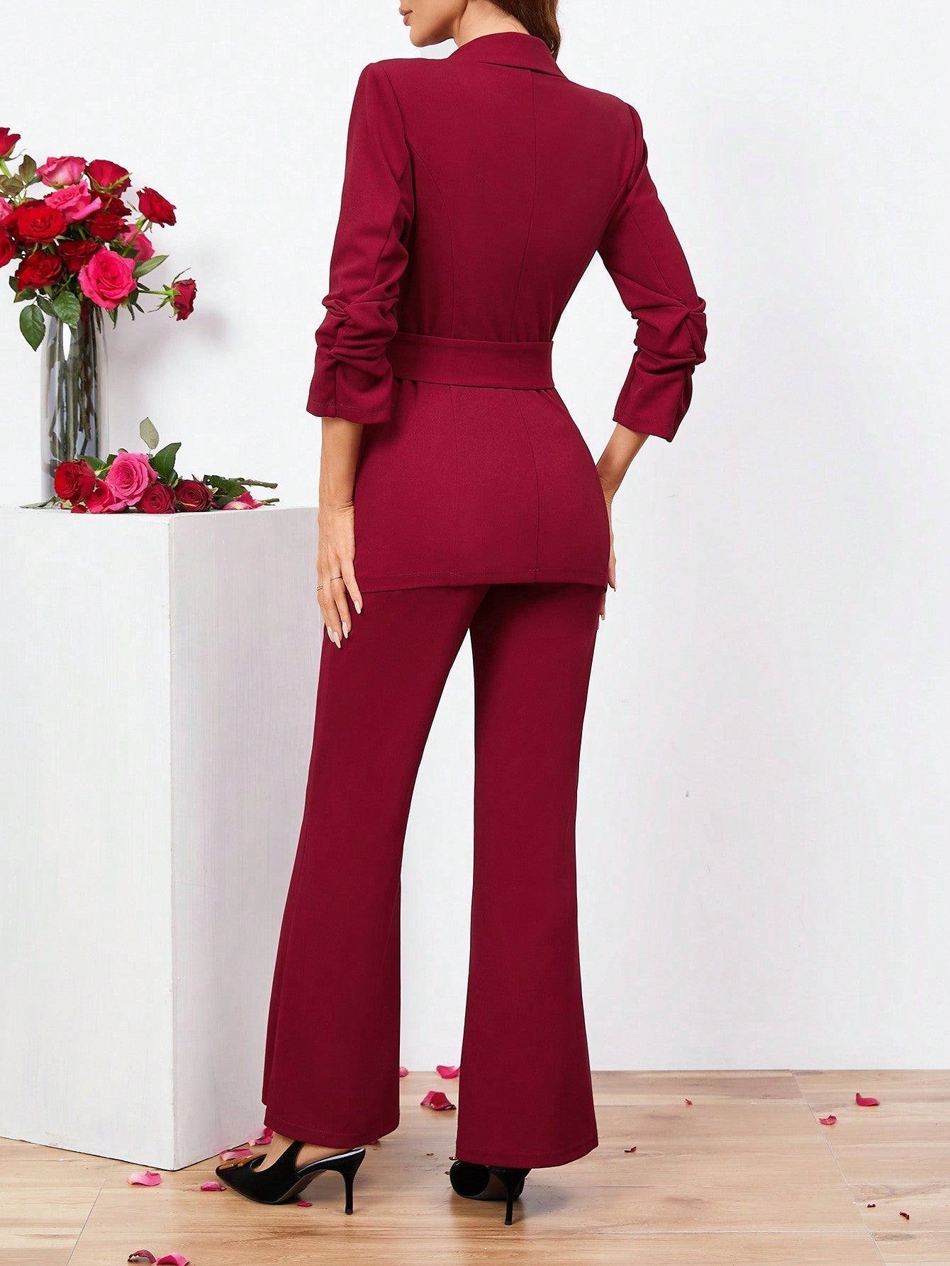 Buy SHEIN Clasi Ladies Belted Three-quarter Sleeve Suit With Pleats in Pakistan
