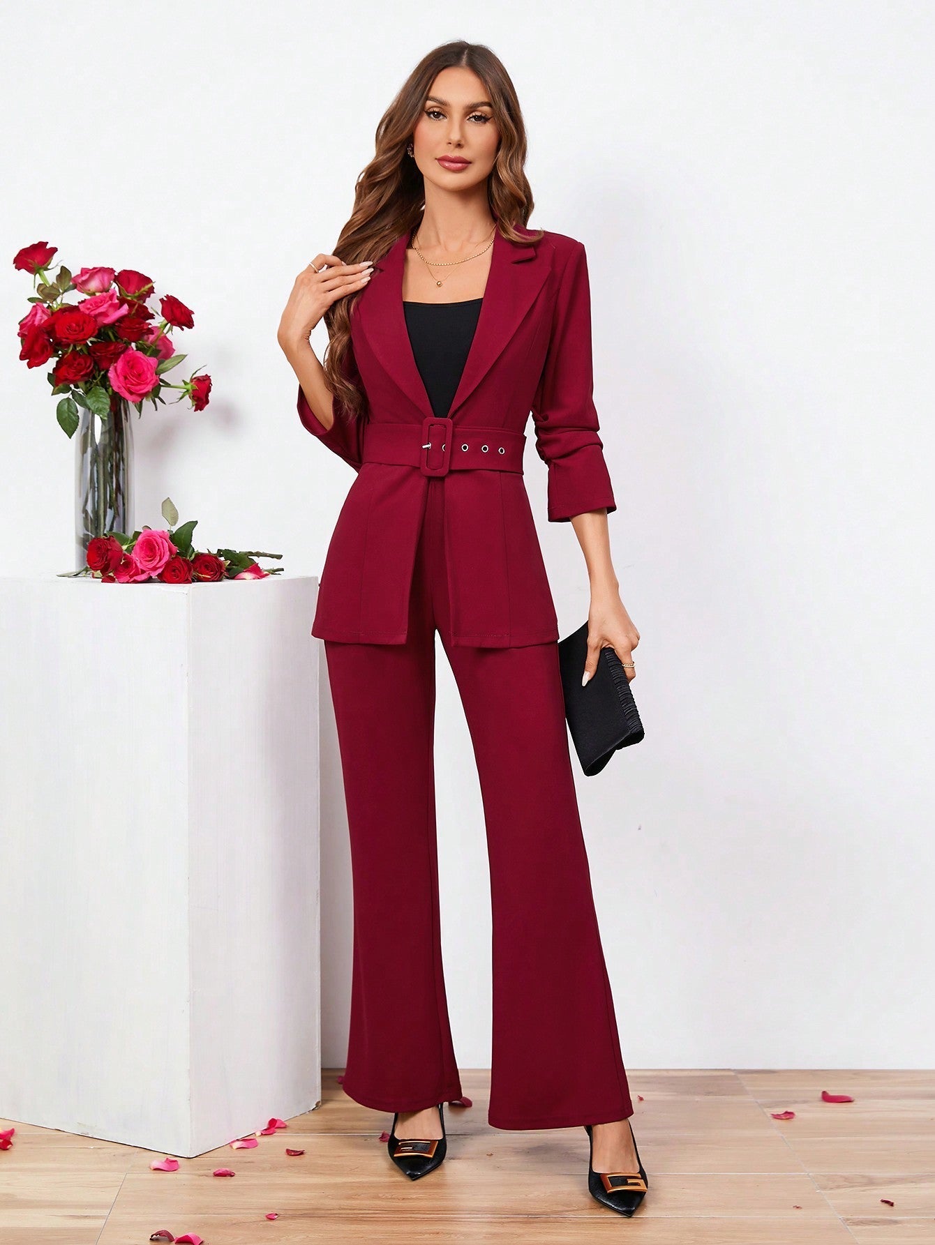 Buy SHEIN Clasi Ladies Belted Three-quarter Sleeve Suit With Pleats in Pakistan