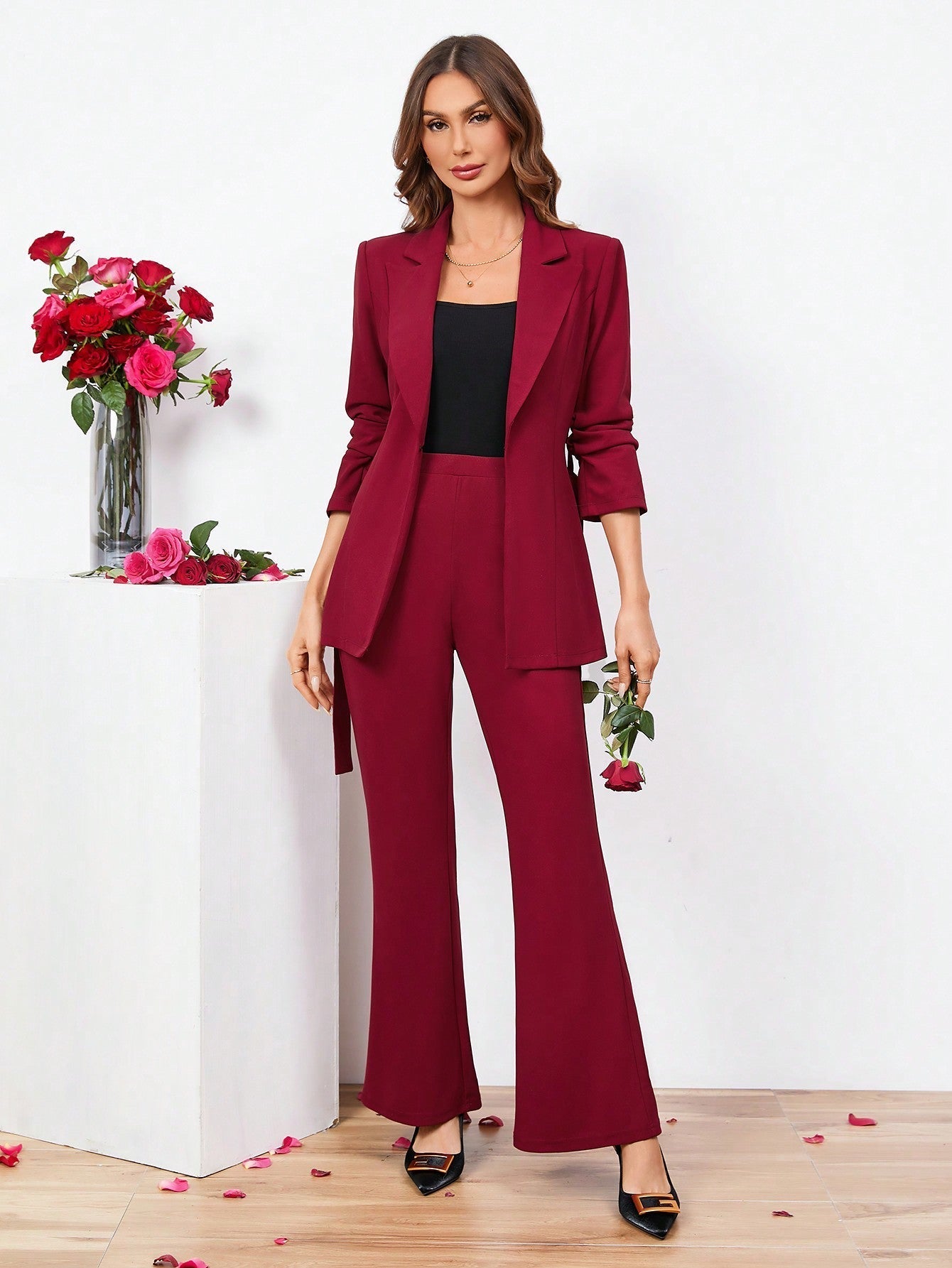 Buy SHEIN Clasi Ladies Belted Three-quarter Sleeve Suit With Pleats in Pakistan