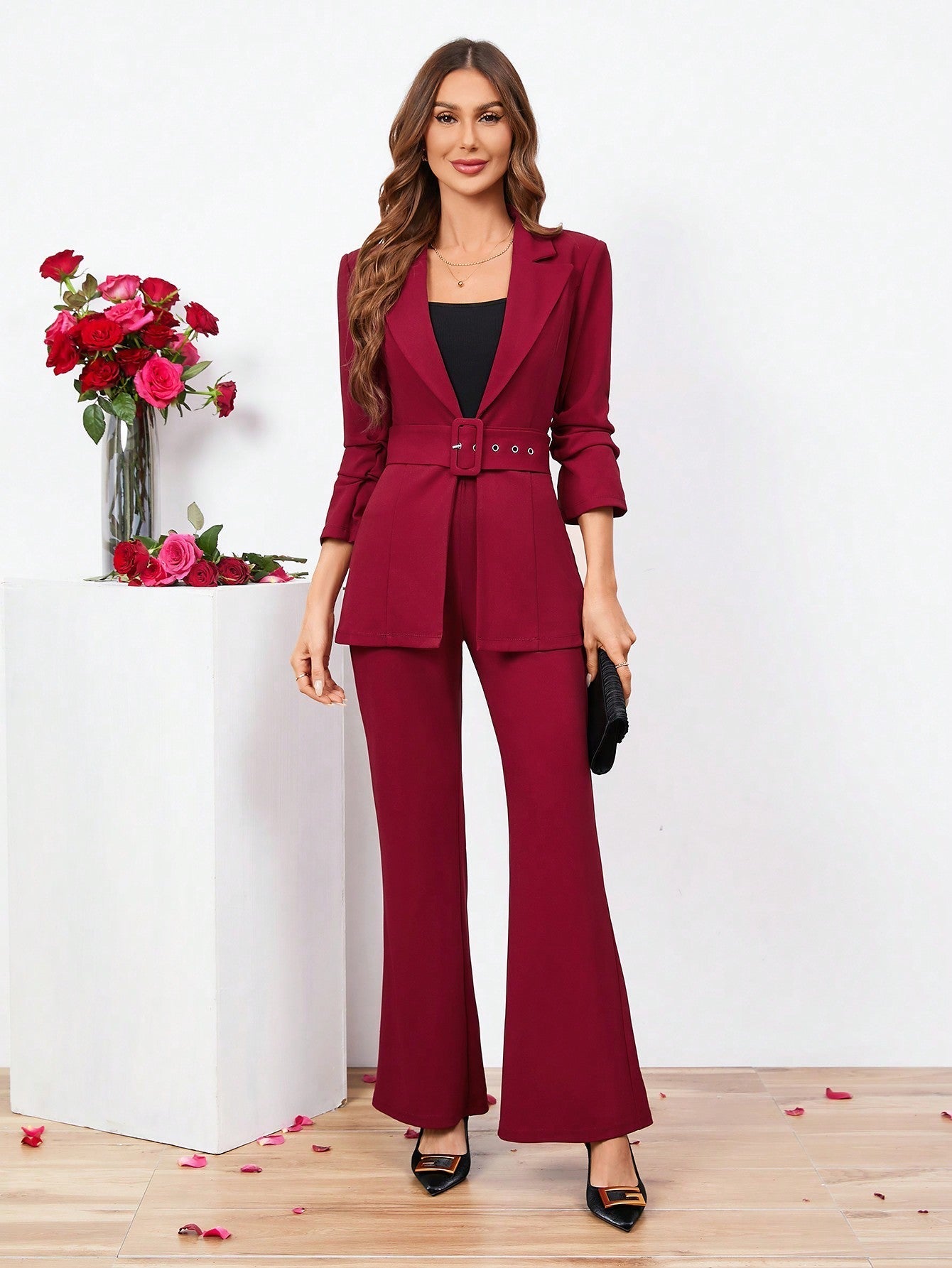 Buy SHEIN Clasi Ladies Belted Three-quarter Sleeve Suit With Pleats in Pakistan