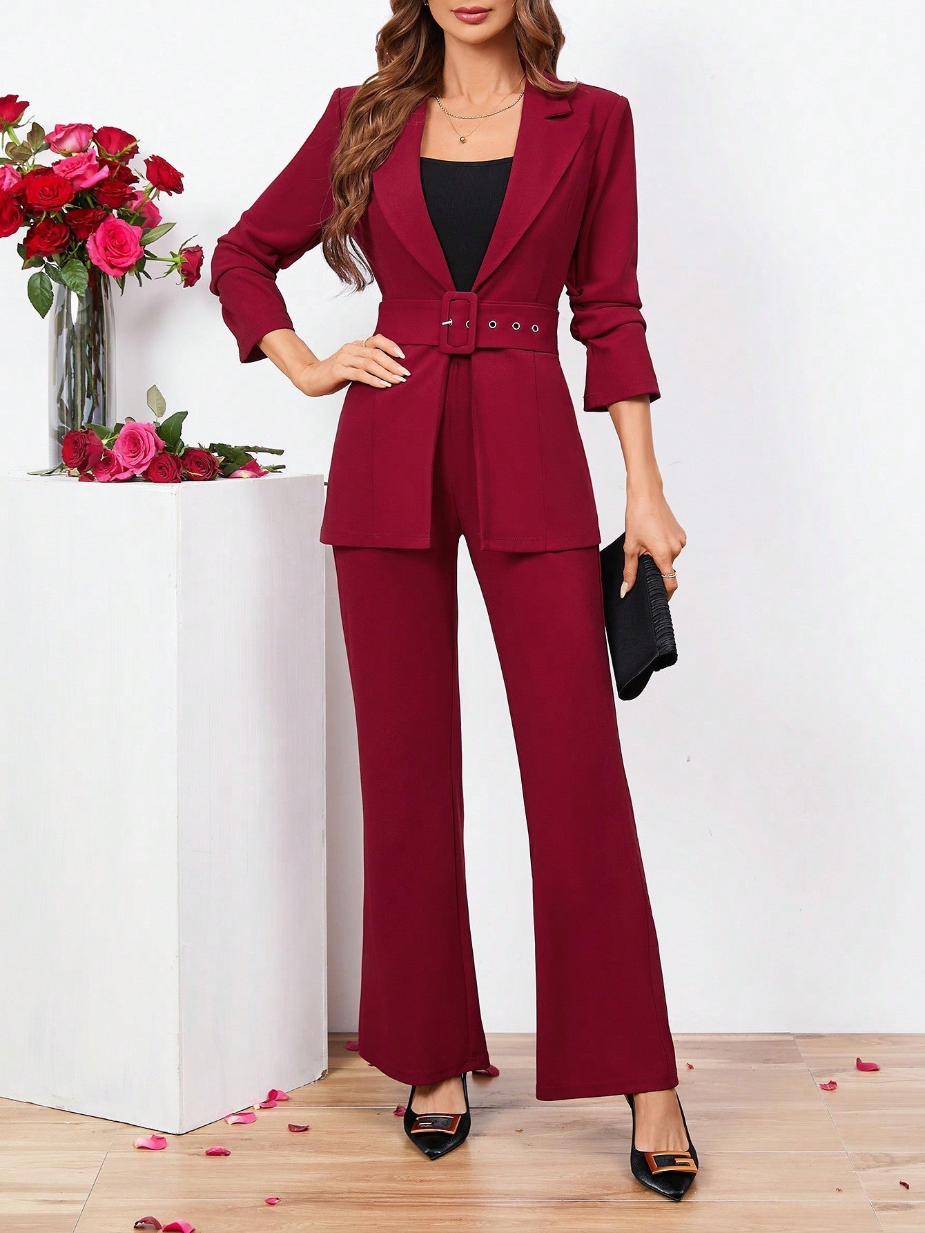 Buy SHEIN Clasi Ladies Belted Three-quarter Sleeve Suit With Pleats in Pakistan