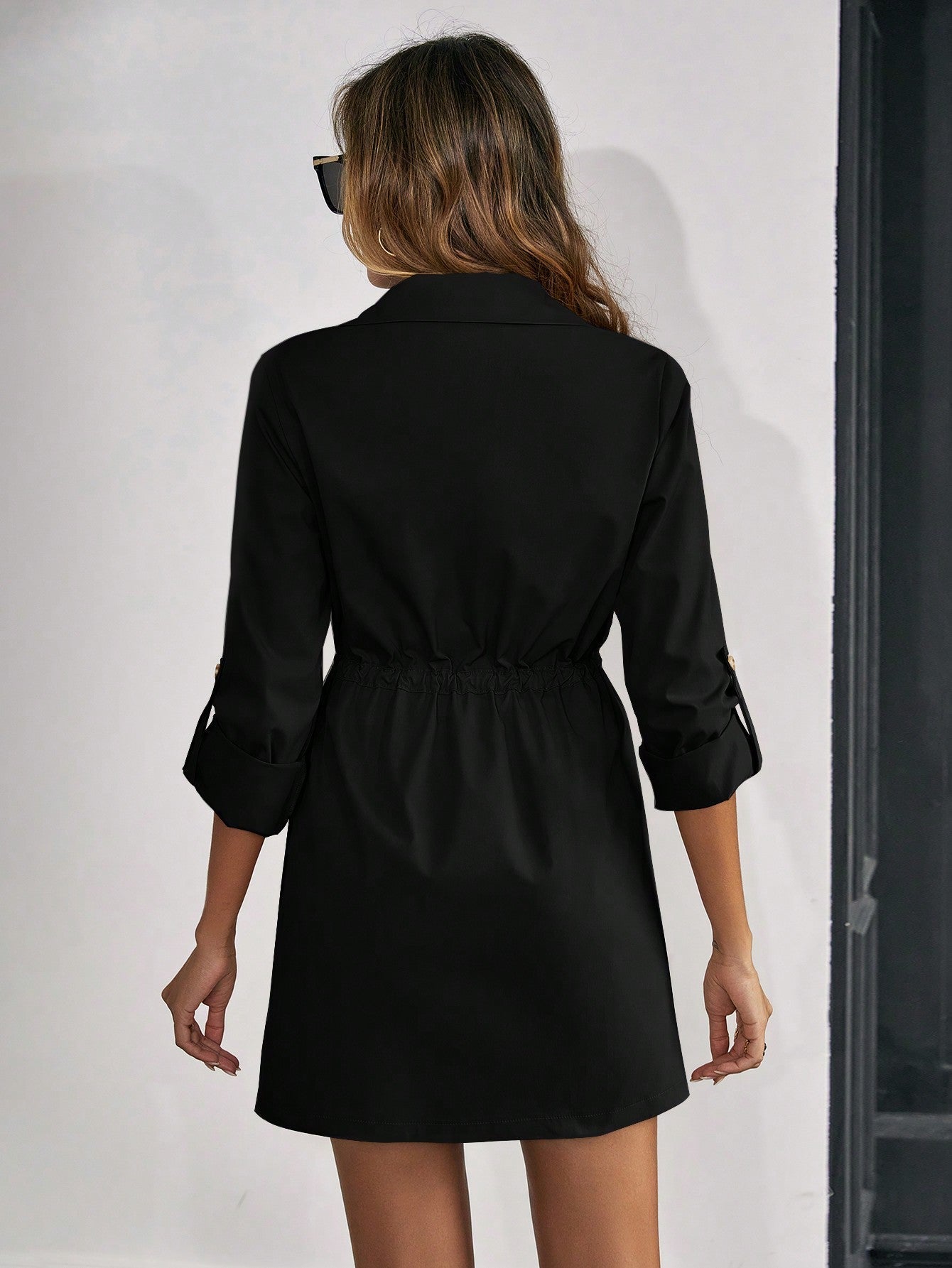 Buy SHEIN Clasi Roll Tab Sleeve Drawstring Waist Button Front Coat in Pakistan