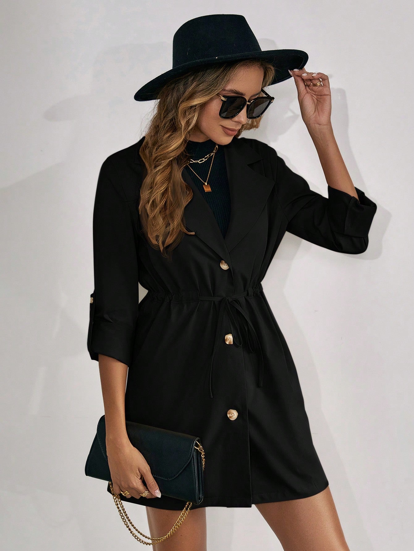 Buy SHEIN Clasi Roll Tab Sleeve Drawstring Waist Button Front Coat in Pakistan