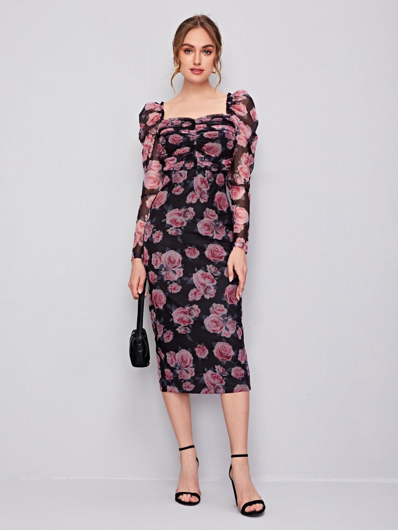 Buy SHEIN Clasi Ruched Detail Gigot Sleeve Floral Mesh Dress in Pakistan
