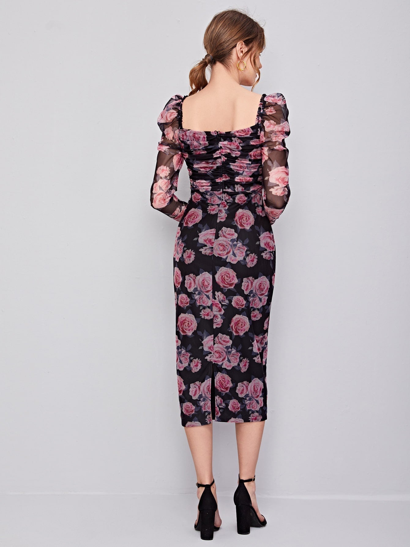 Buy SHEIN Clasi Ruched Detail Gigot Sleeve Floral Mesh Dress in Pakistan