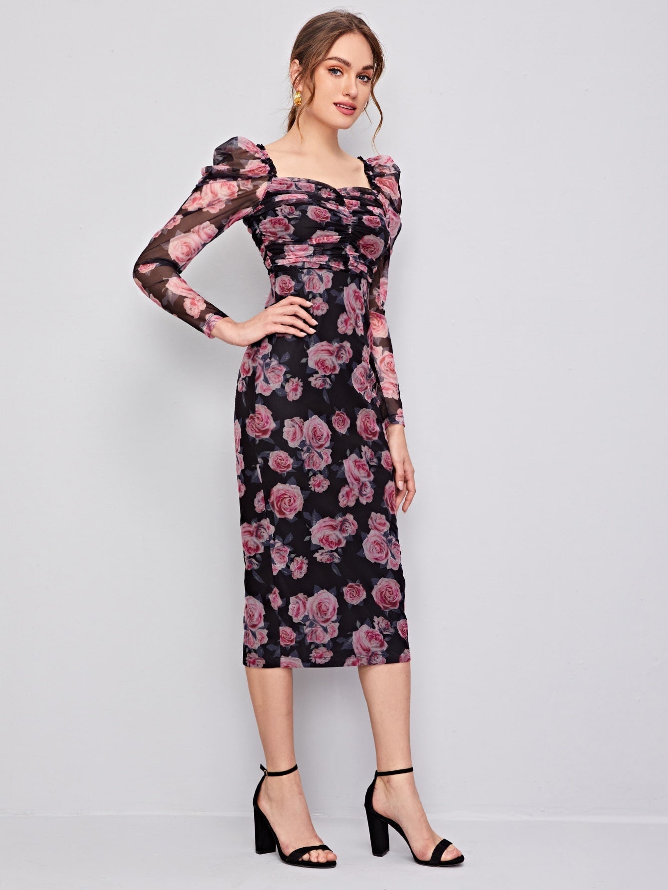 Buy SHEIN Clasi Ruched Detail Gigot Sleeve Floral Mesh Dress in Pakistan