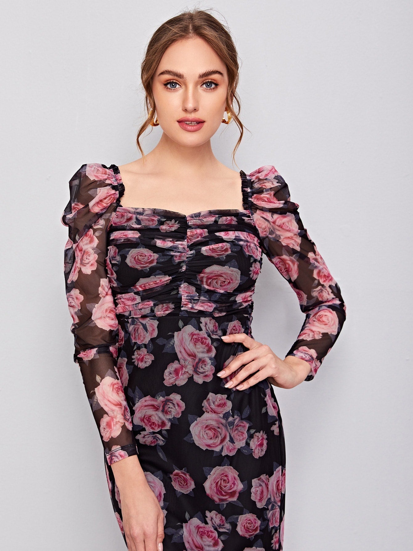Buy SHEIN Clasi Ruched Detail Gigot Sleeve Floral Mesh Dress in Pakistan