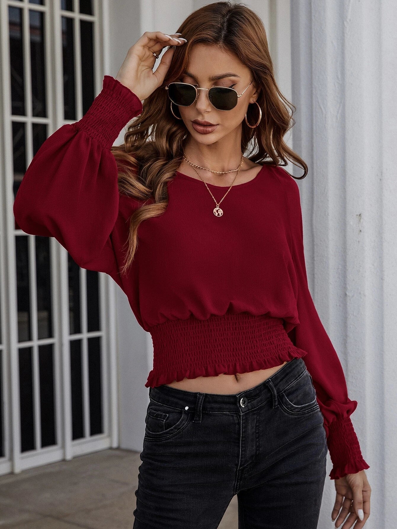Buy SHEIN Clasi Solid Bishop Sleeve Shirred Blouse in Pakistan