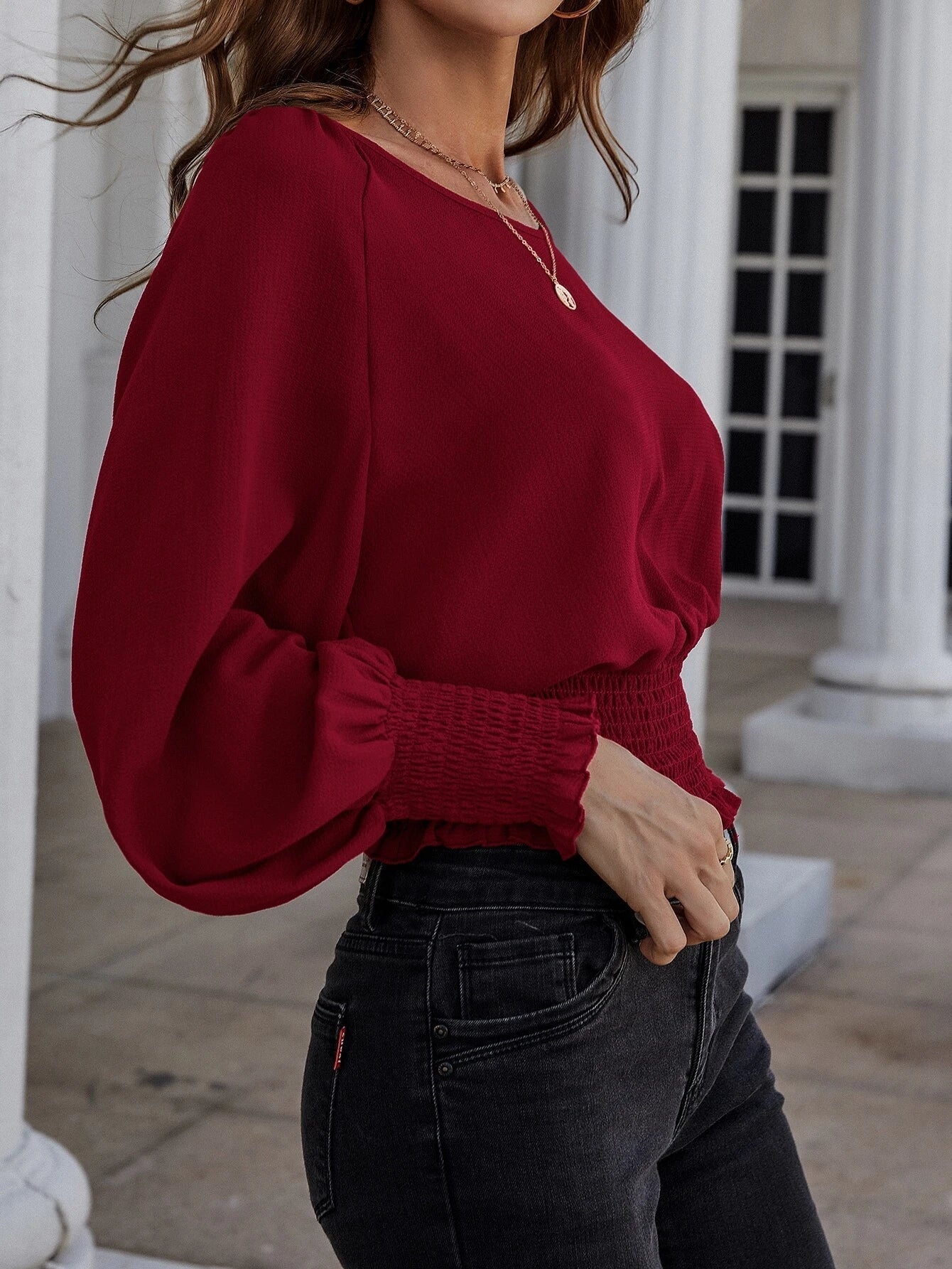 Buy SHEIN Clasi Solid Bishop Sleeve Shirred Blouse in Pakistan